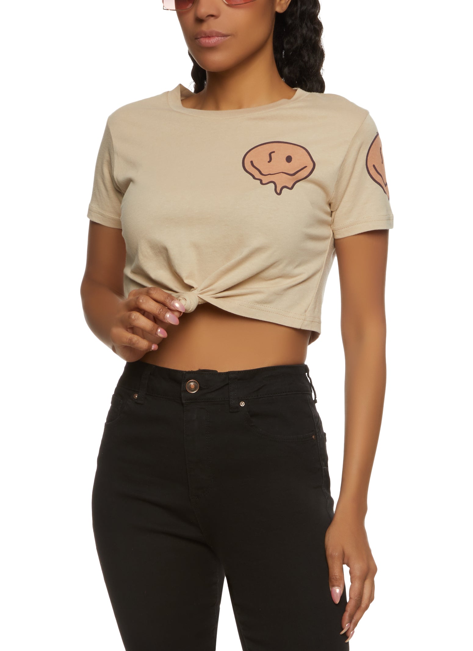 Womens Enjoy The Little Things Smiley Cropped Tee, Beige, Size M