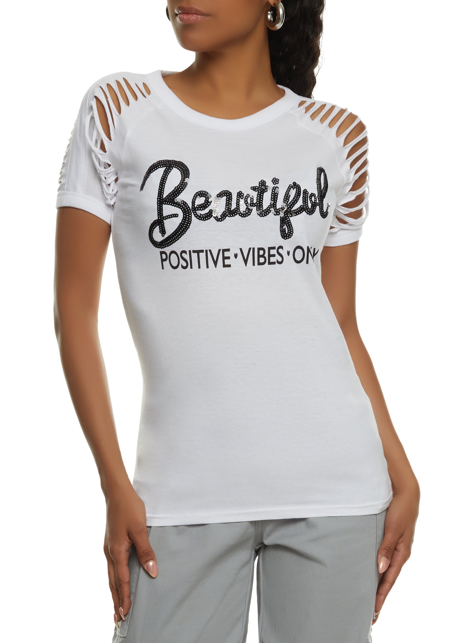 Womens Beautiful Positive Vibes Only Sequin Slashed Tee, White, Size L