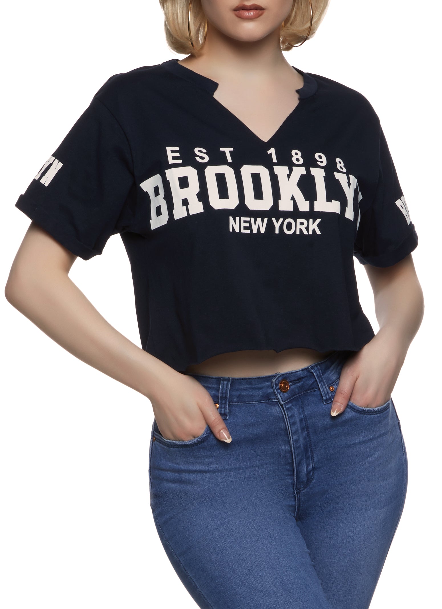 Womens Brooklyn New York Notch Neck Graphic Tee, Blue,