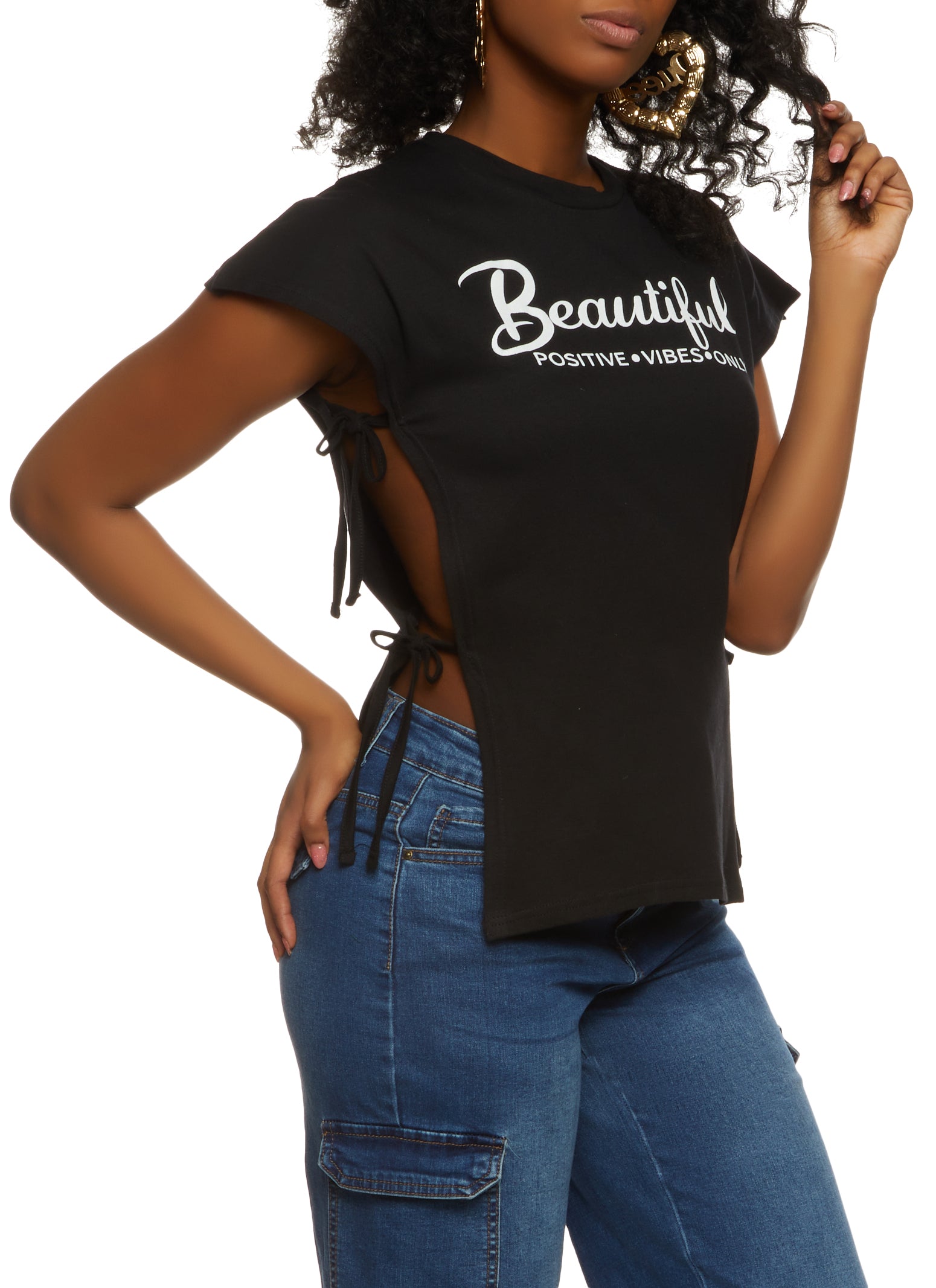 Womens Beautiful Positive Vibes Only Side Tie Tee,