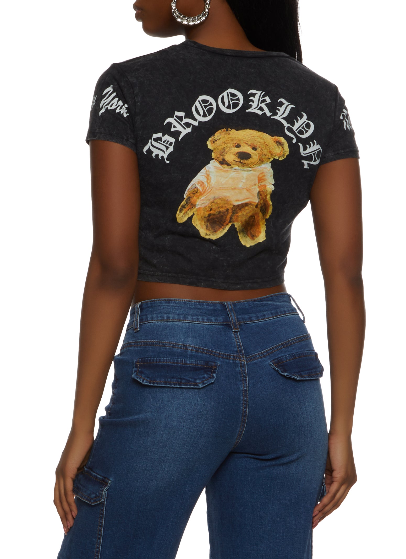 Womens Acid Wash New York Brooklyn Bear Crop Top, Black, Size XL