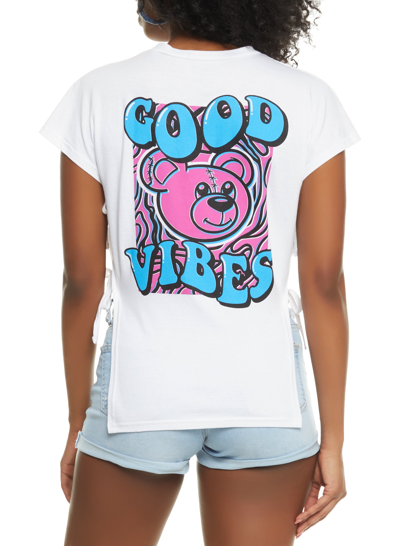 Womens Good Vibes Bear Graphic Side Tie Top, White,