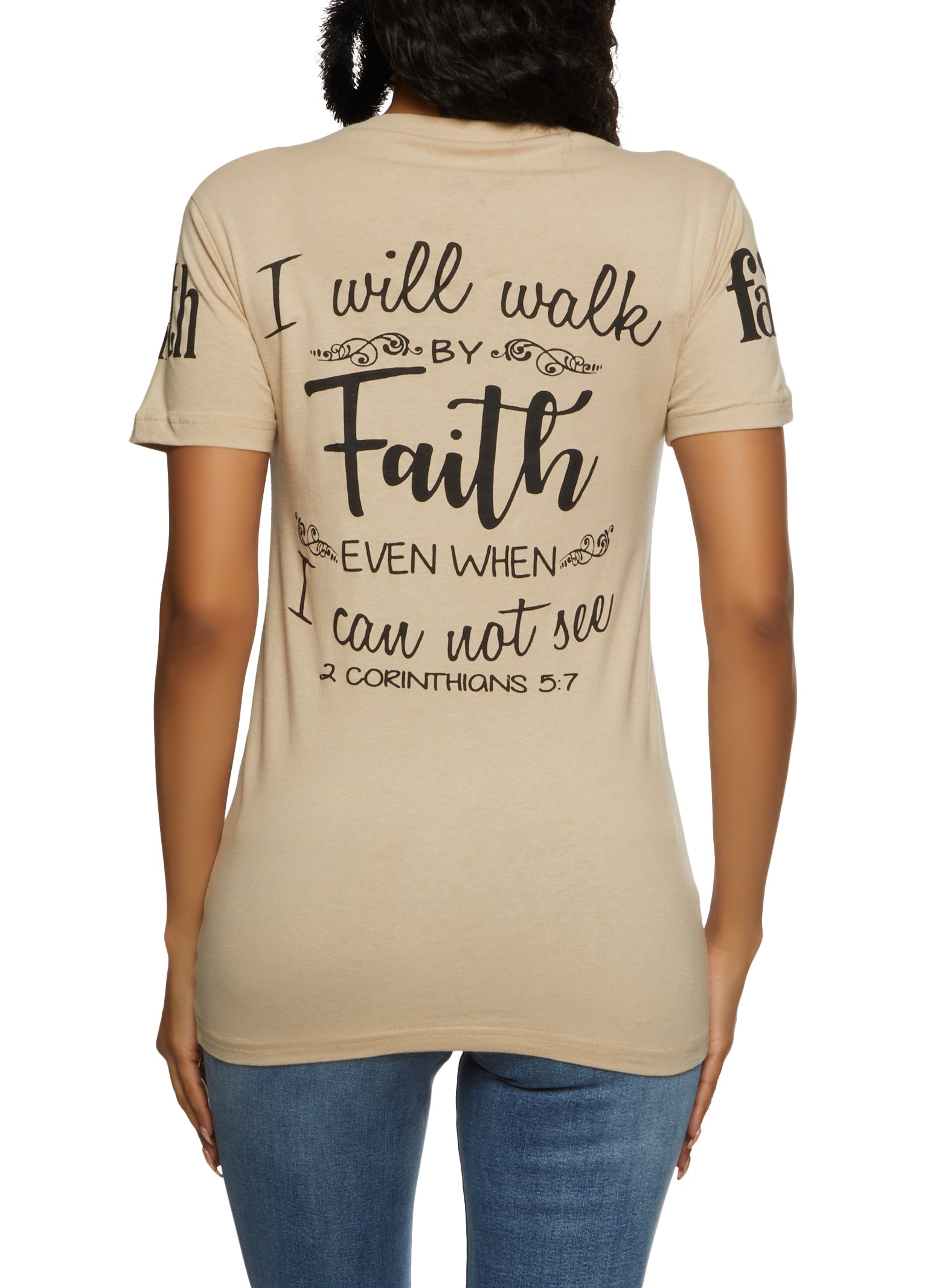 Womens Walk By Faith Not By Sight Sequin Tee, Beige, Size S