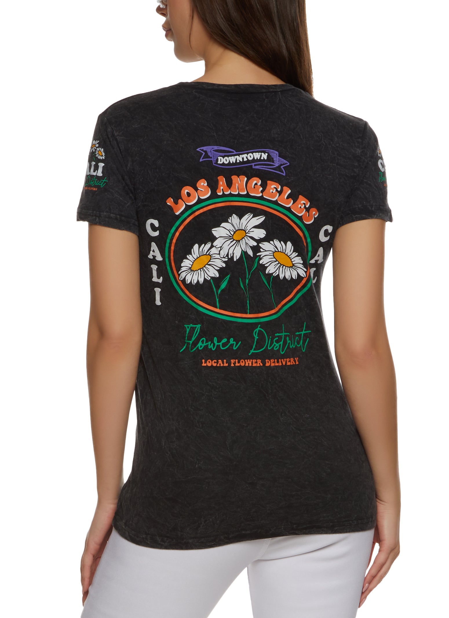 Womens Acid Wash Cali Flower District Graphic Tee, Black, Size S