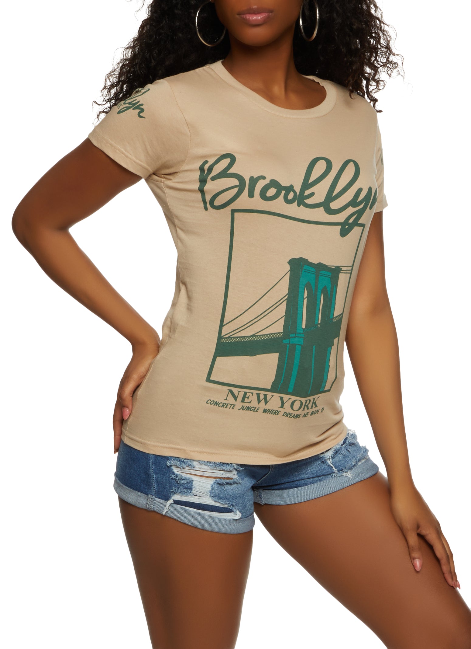 Womens Brooklyn Bridge Graphic New York T Shirt, Beige, Size L