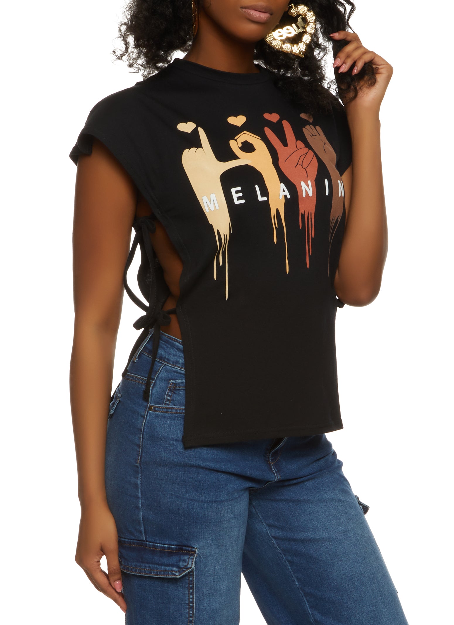 Womens Love Melanin Graphic Side Tie Tee, S