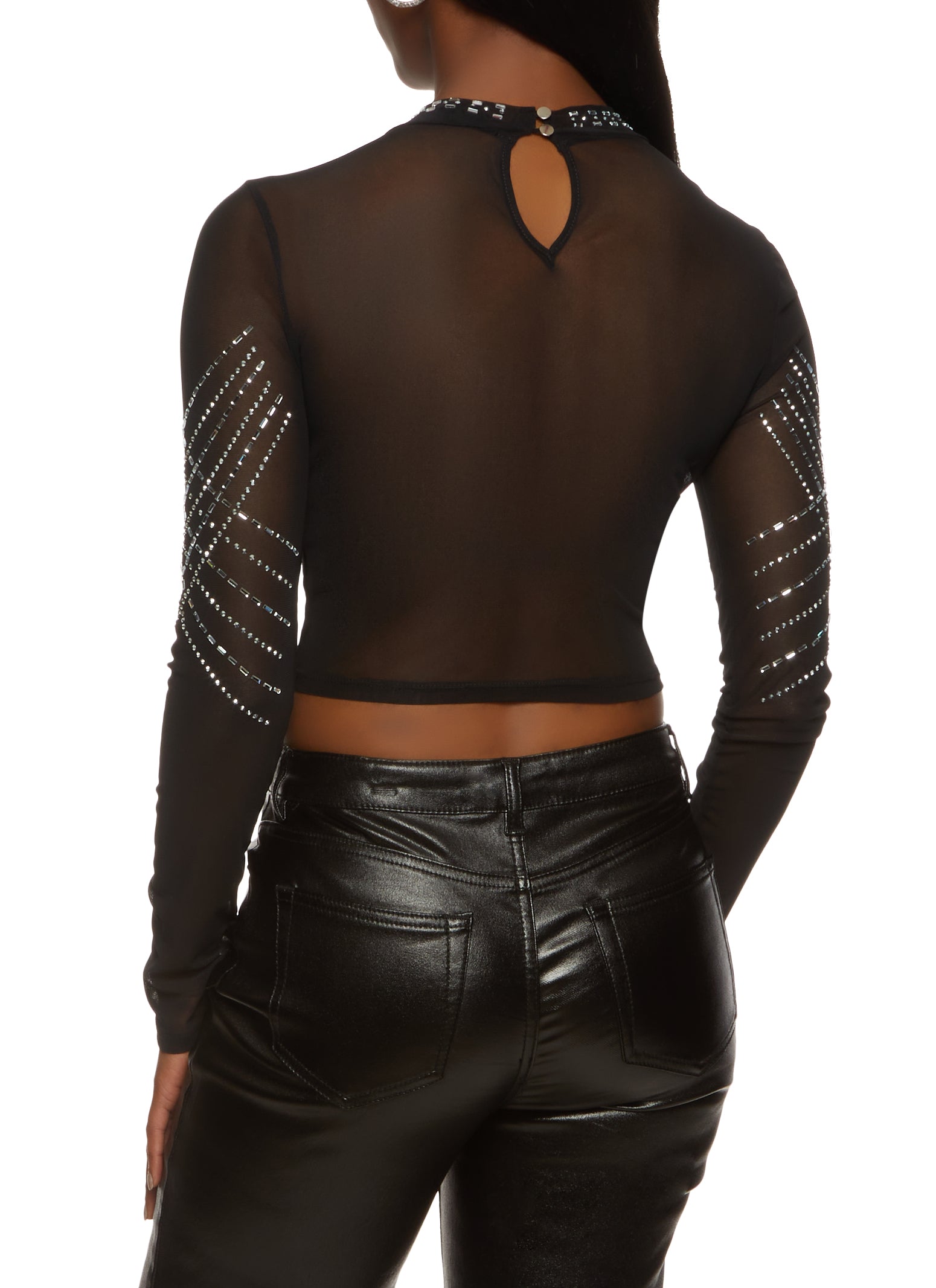 Womens Sheer Mesh Rhinestone Crop Top,