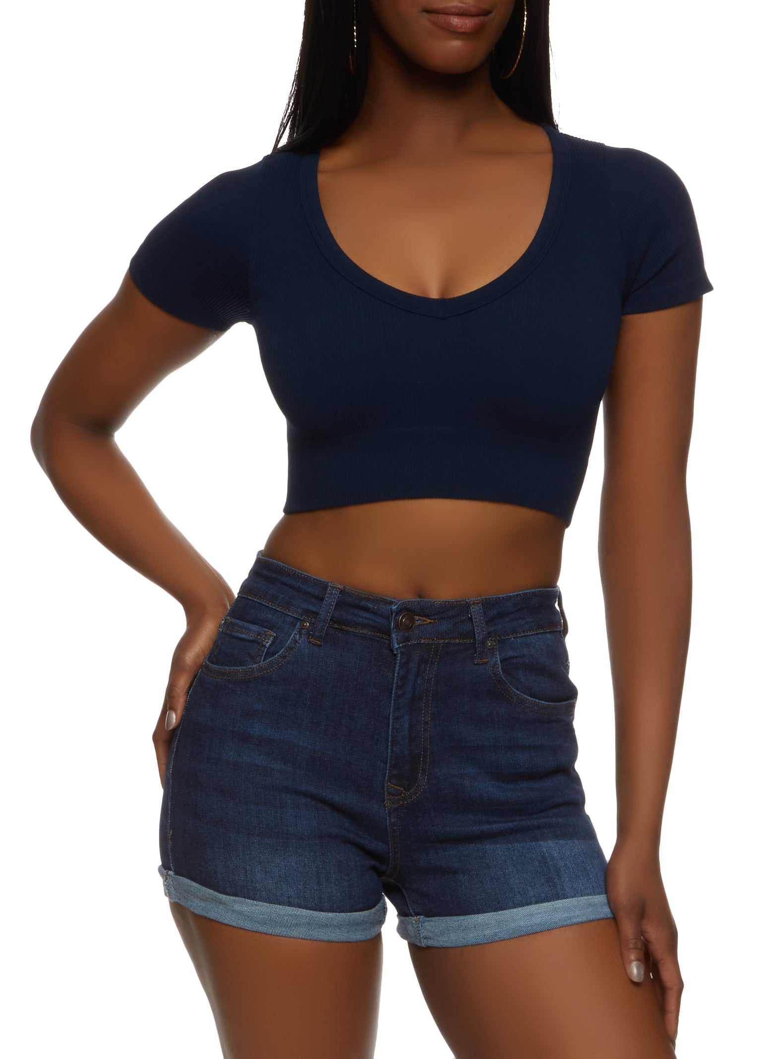 Womens Seamless Ribbed V Neck Crop Top, Blue,