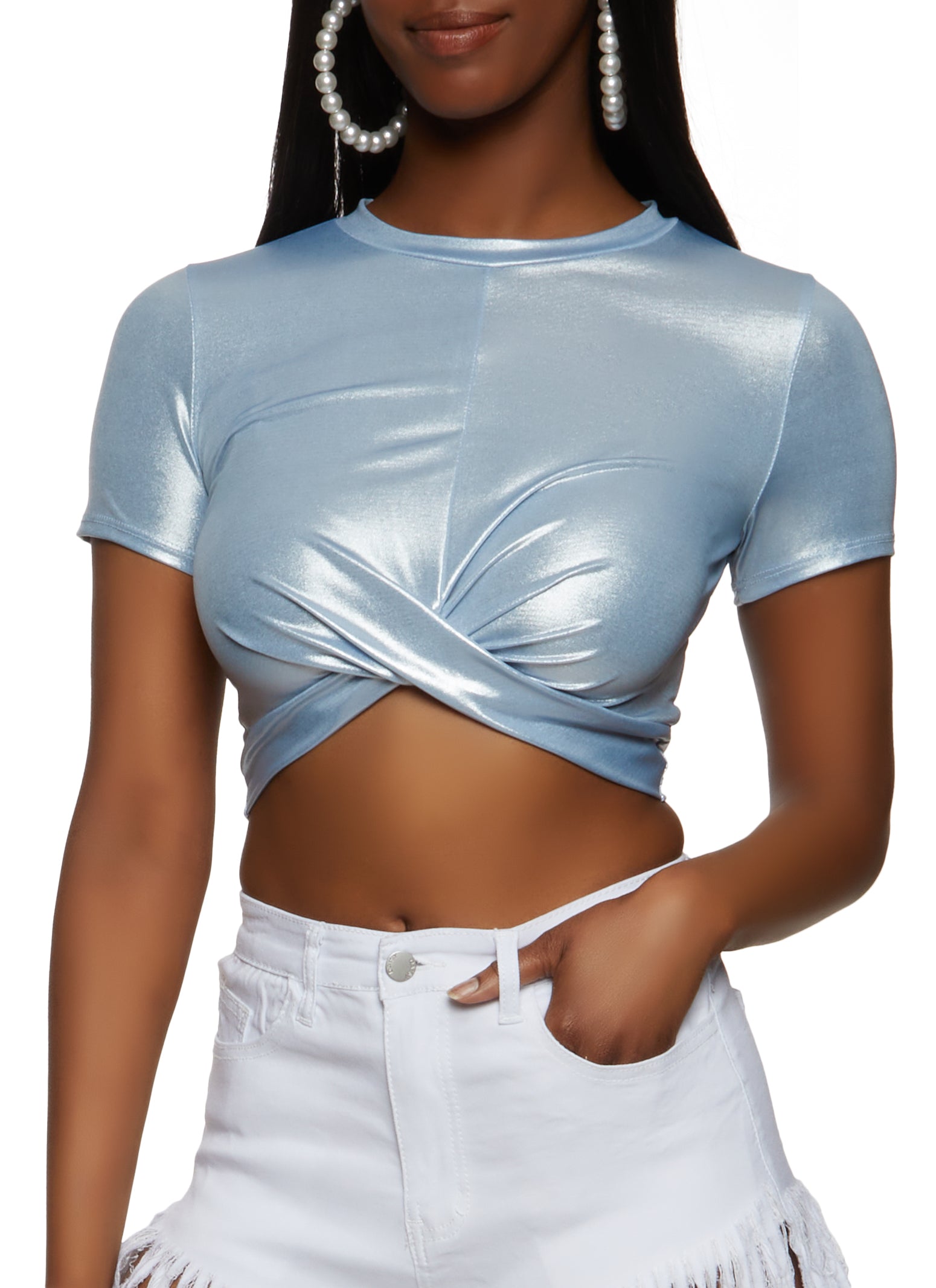 Solid Color Cotton Adjustable Tie Up Crop Top in Light Blue : UNJ1884