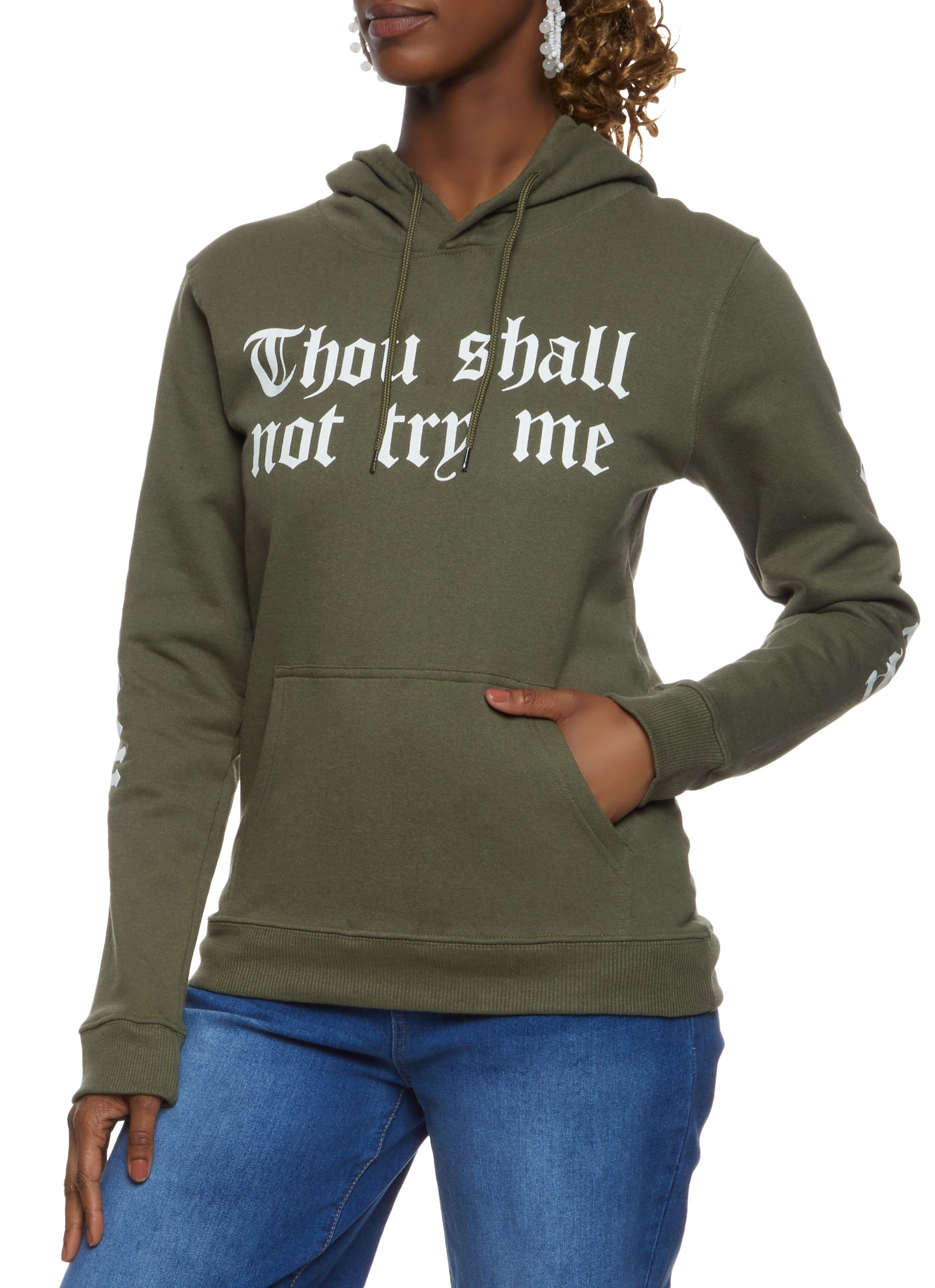 Womens Thou Shall Not Try Me Graphic Pullover Hoodie, Green, Size L