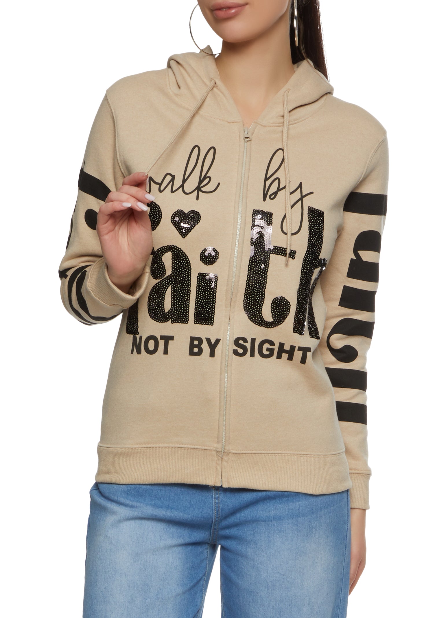 Womens Walk By Faith Not By Sight Zip Front Hoodie, Beige, Size S