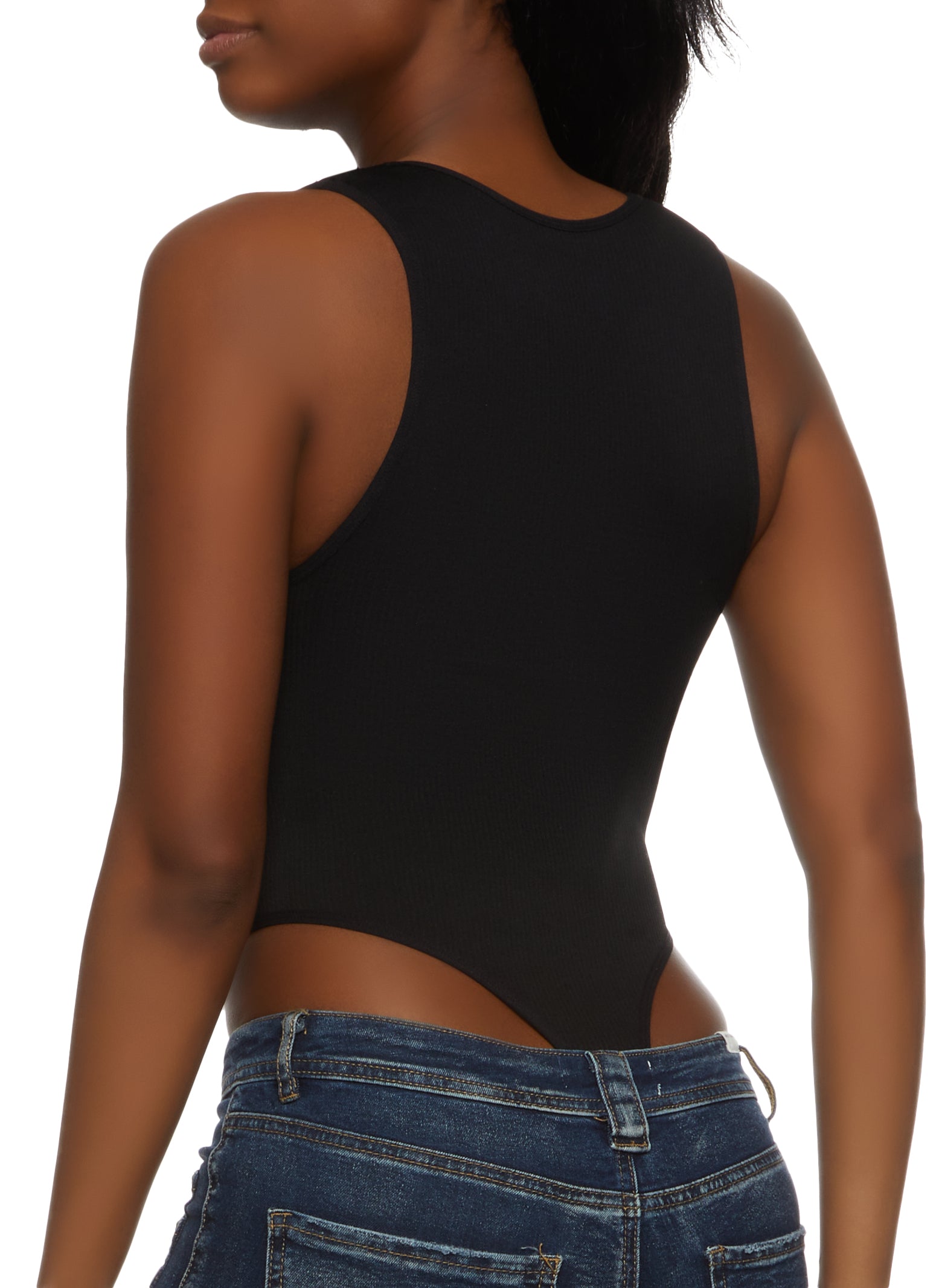 Womens Ribbed Knit High Cut V Neck Bodysuit, L-XL