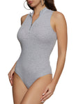 Womens Rib Knit Zip Neck Sleeveless Bodysuit, ,