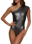 Womens Metallic One Shoulder Bodysuit, ,