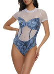 Womens Denim Print Mesh Bodysuit, ,