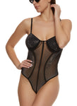 Womens Mesh Detail Studded Bustier Bodysuit, ,