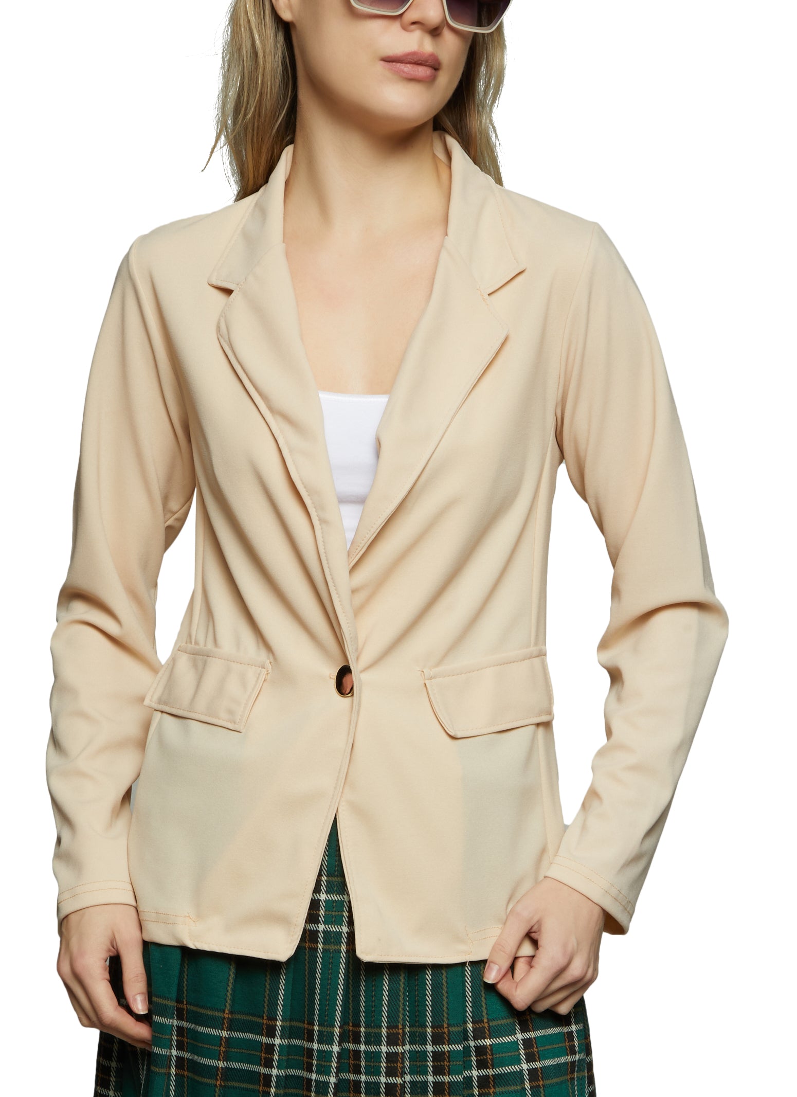 Womens Notch Collar Buttoned Blazer, Beige, Size M
