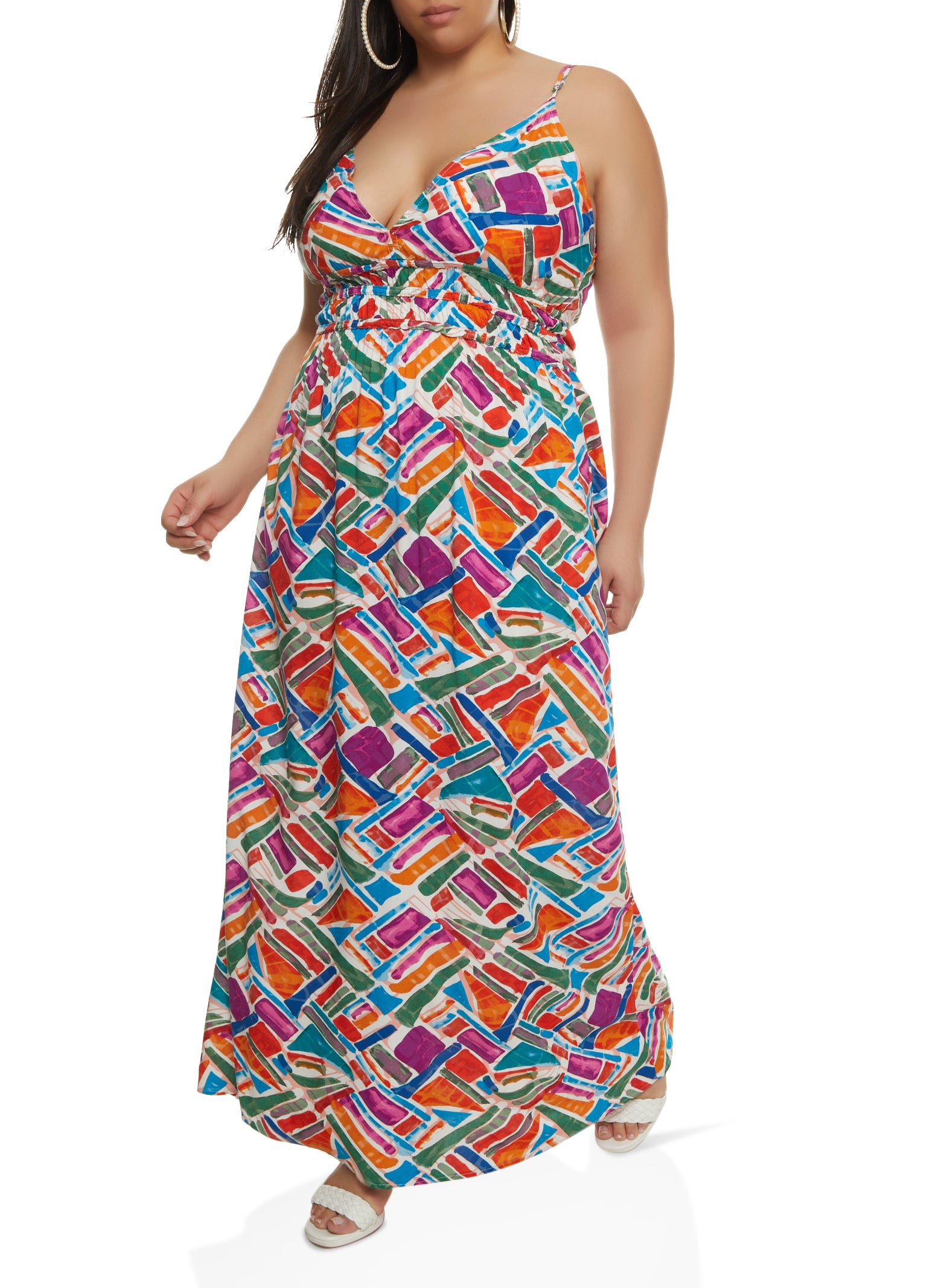 Womens Plus Printed V Neck Maxi Dress, Multi,