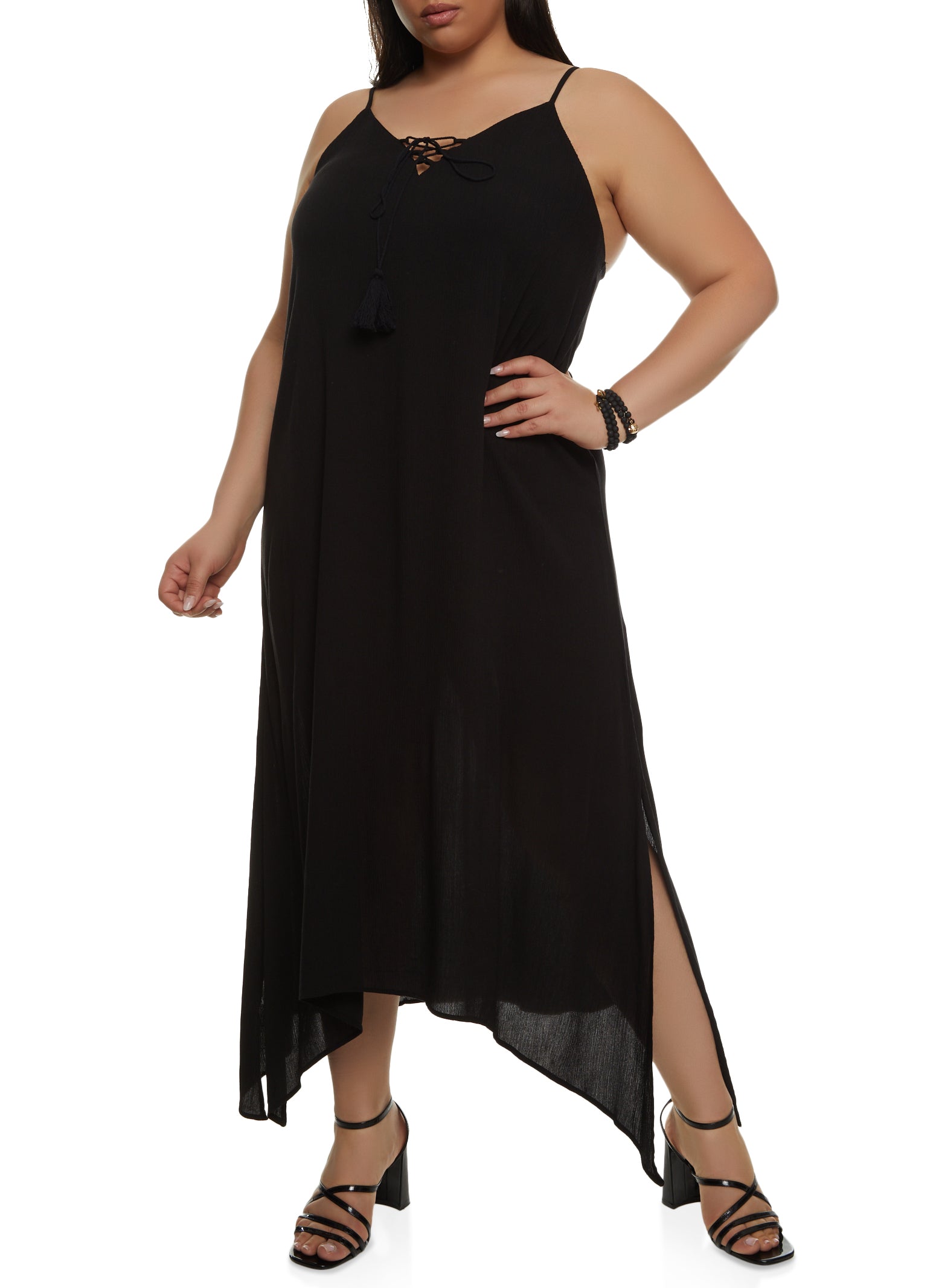 Womens Plus Size V Neck Tassel Maxi Dress, Black, Size 1X