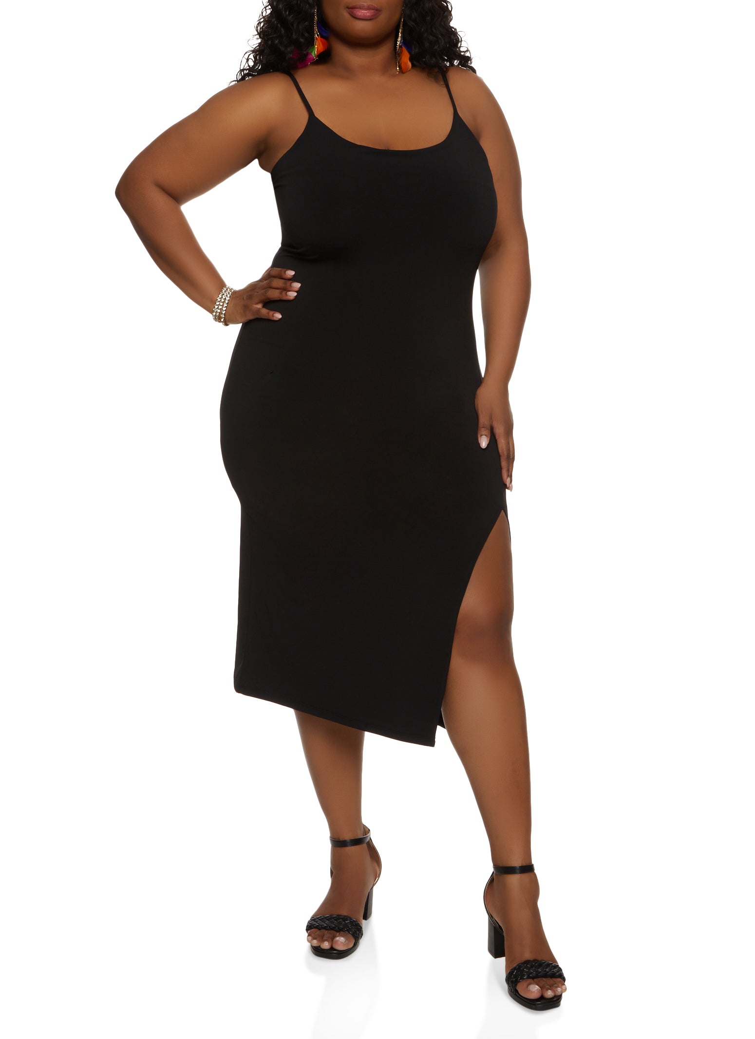 Womens Plus Size Side Slit Cami Midi Dress, Black, Size 1X