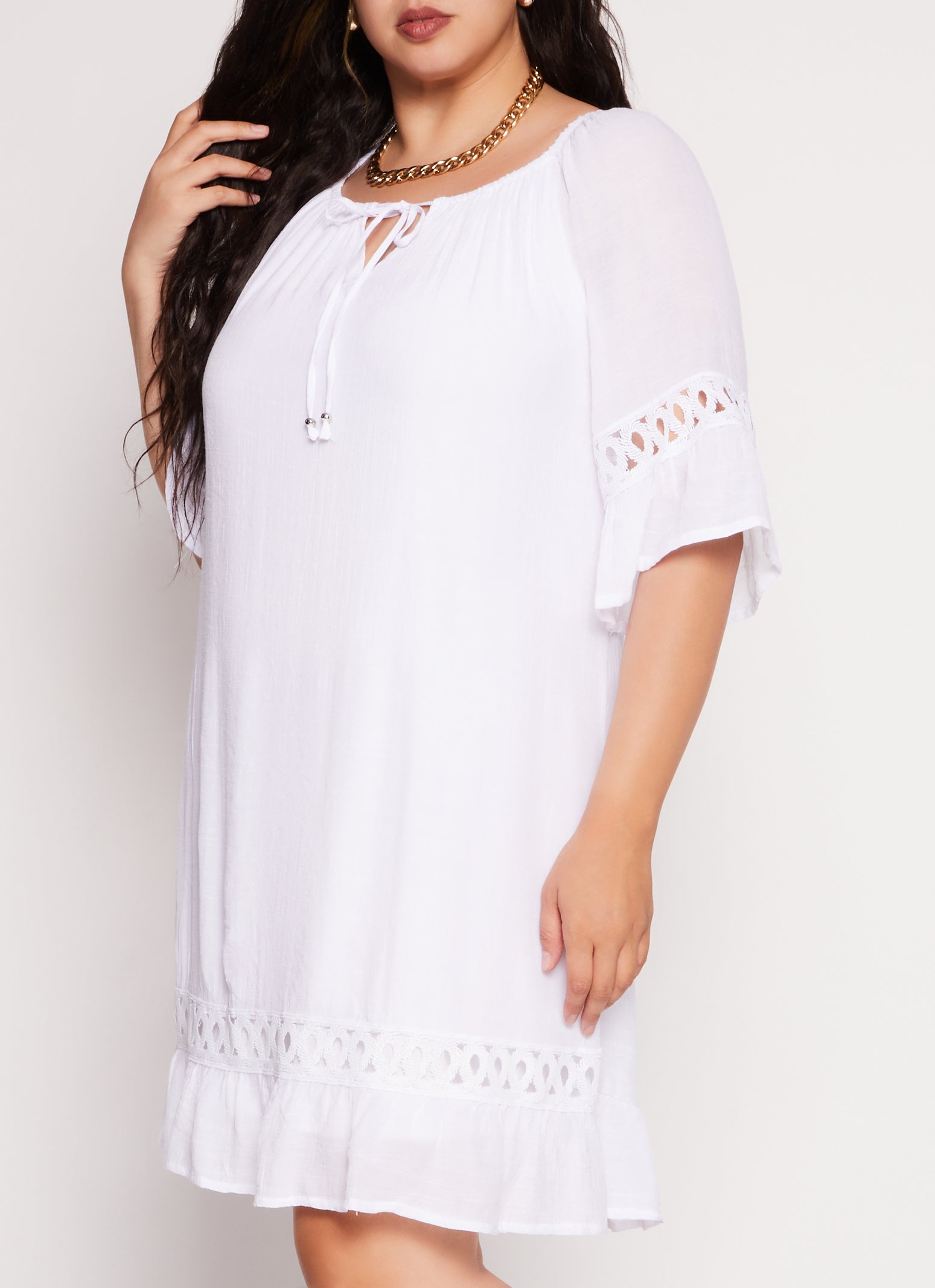 Womens Plus Size Crochet Detail Tie Front Sundress, White, Size 3X