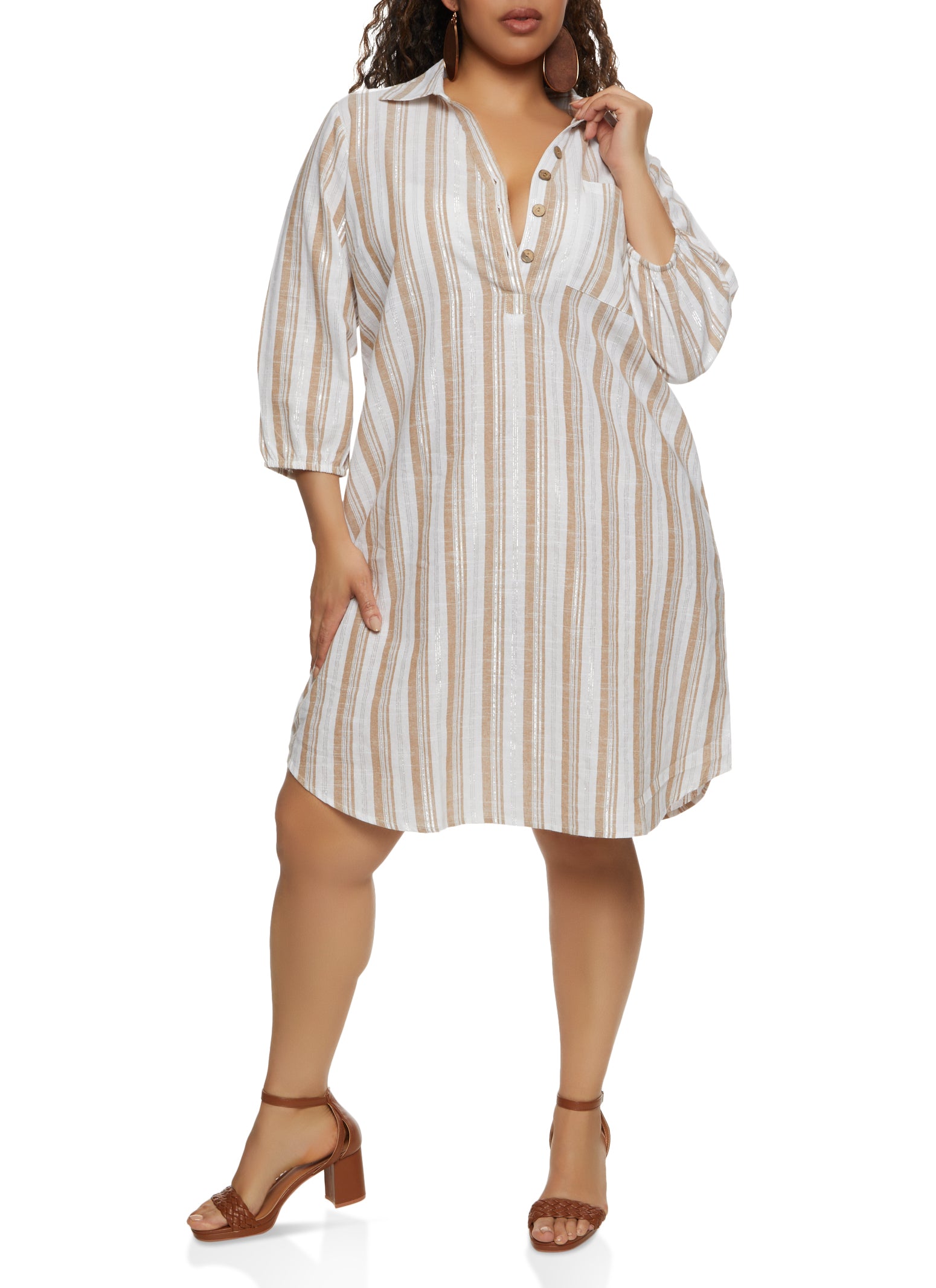 Womens Plus Size Lurex Stripe Linen Shirt Dress, Beige, Size 2X
