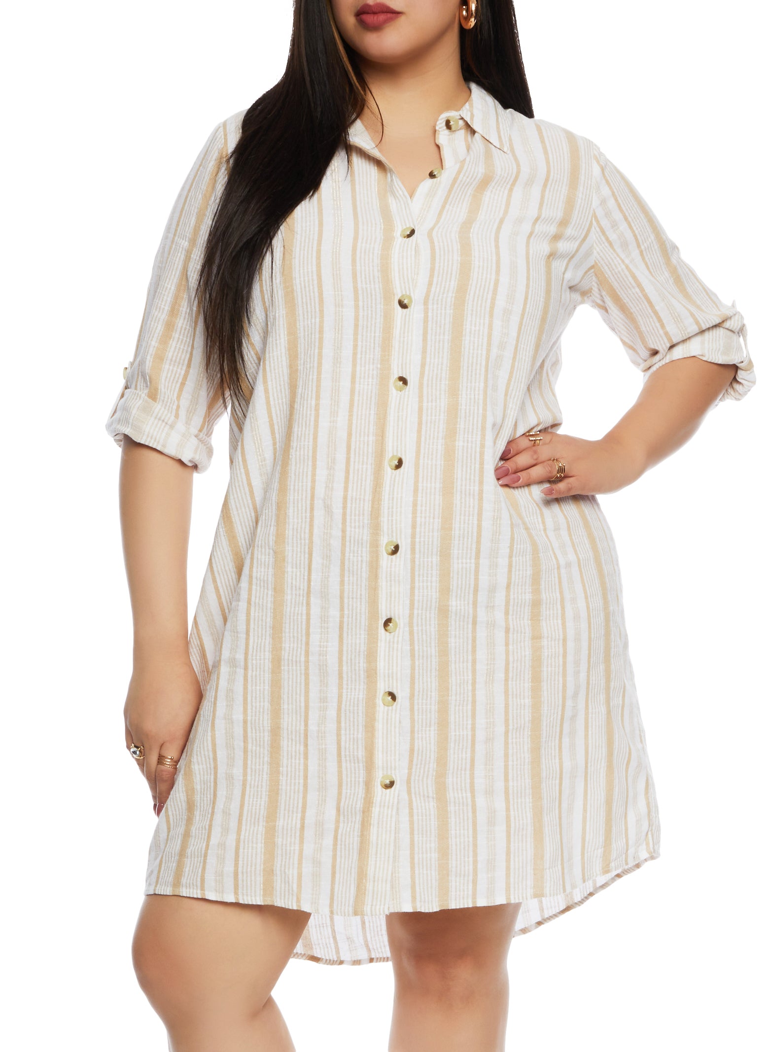 Womens Plus Size Linen Striped Shirt Dress, Beige, Size 3X