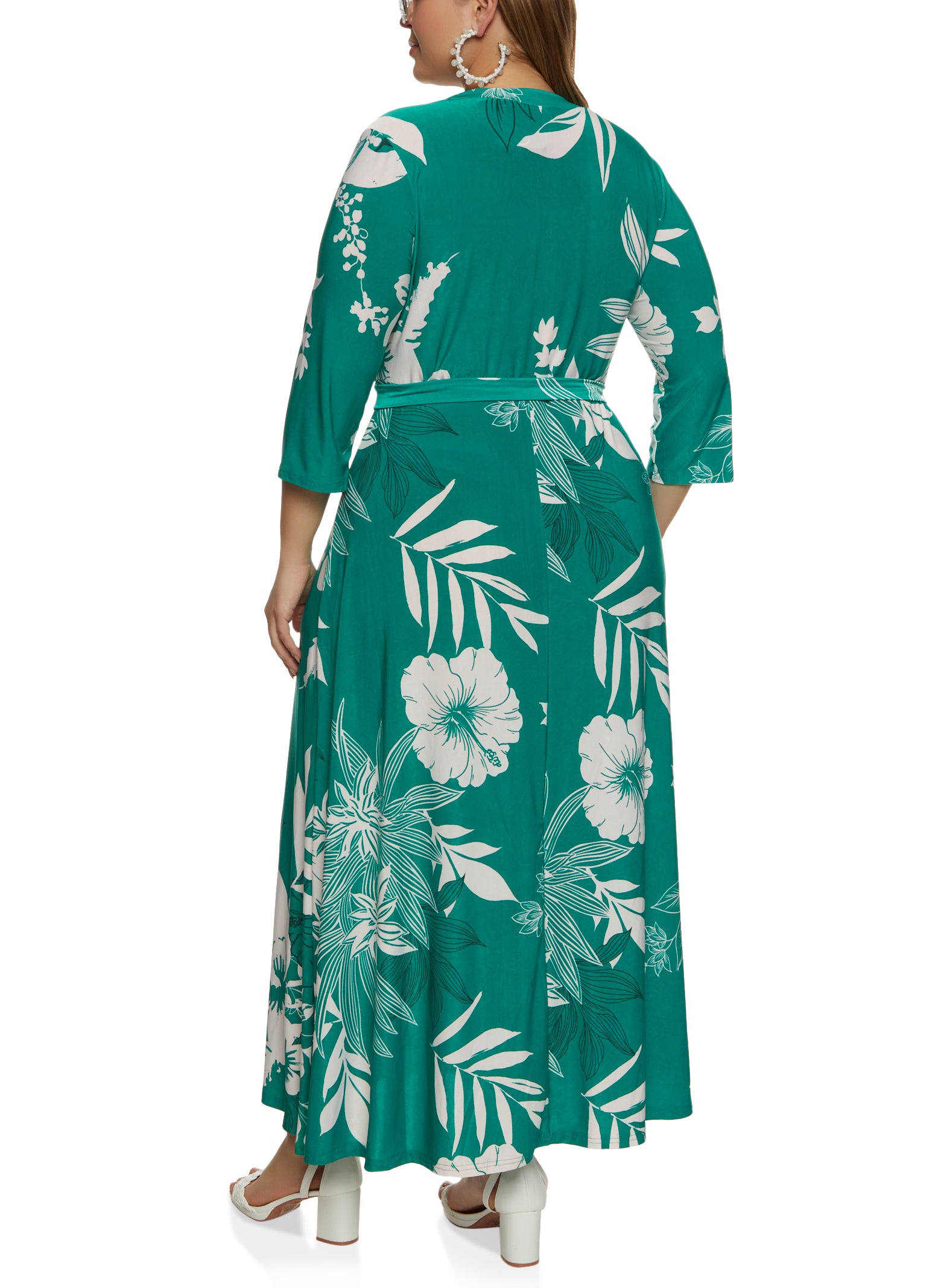 Womens Plus Size Floral Printed Faux Wrap Maxi Dress, Green, Size 1X