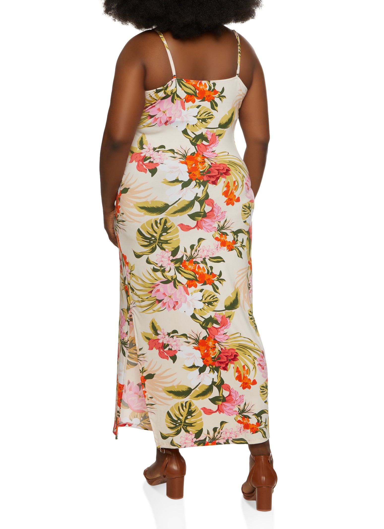 Womens Plus Tropical Print Cami Maxi Dress, Multi,