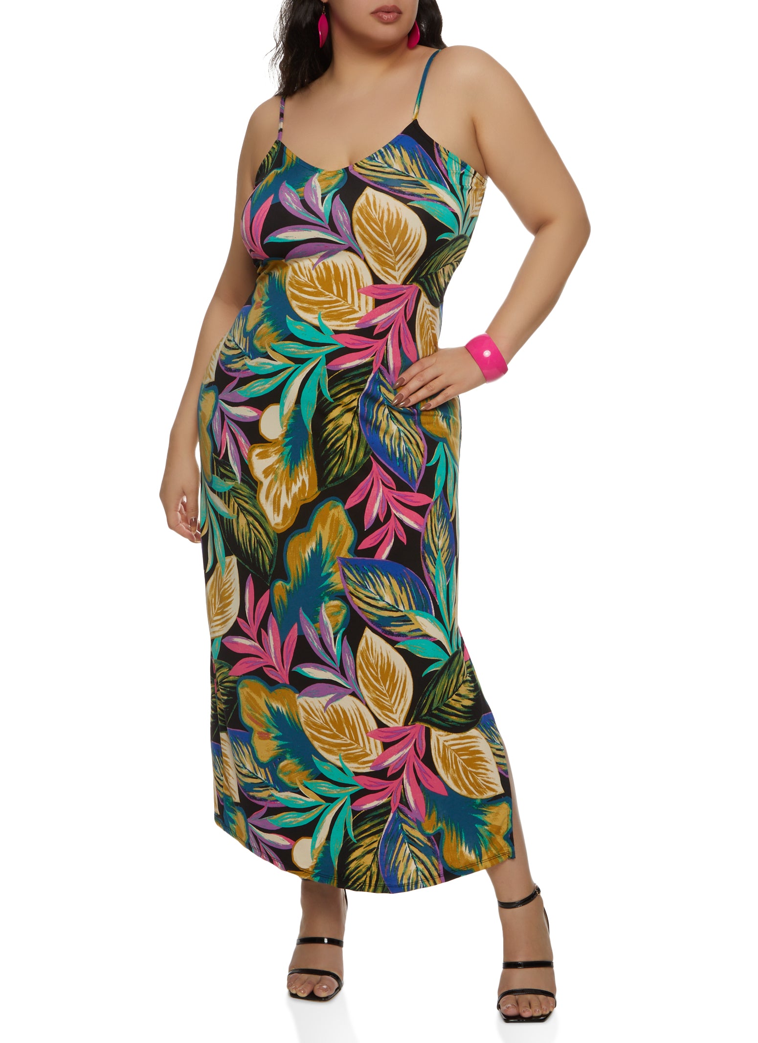 Womens Plus Size Tropical Print V Neck Maxi Dress, Multi, Size 1X