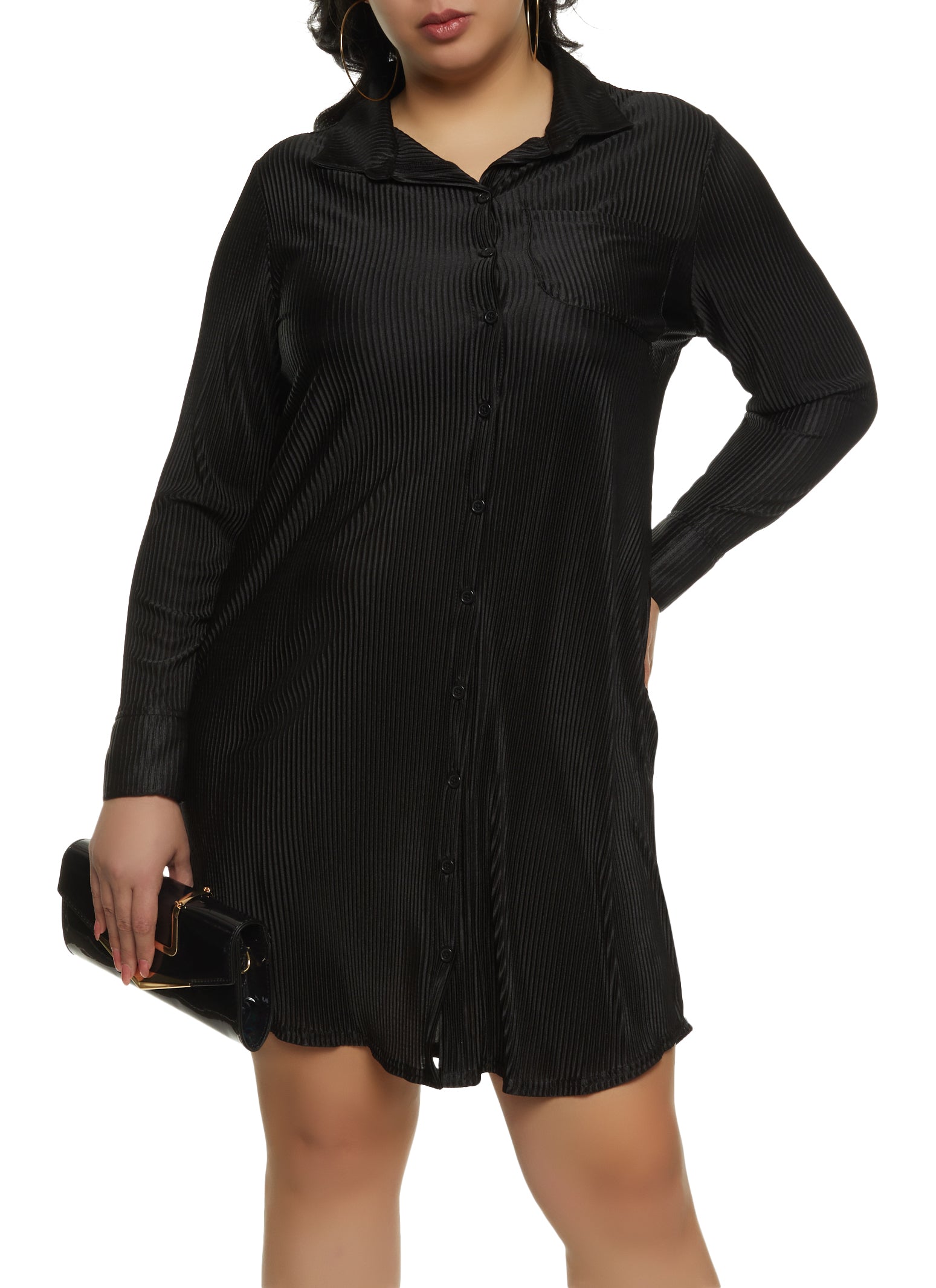 Womens Plus Size Plisse Long Sleeve Shirt Dress, Black, Size 2X
