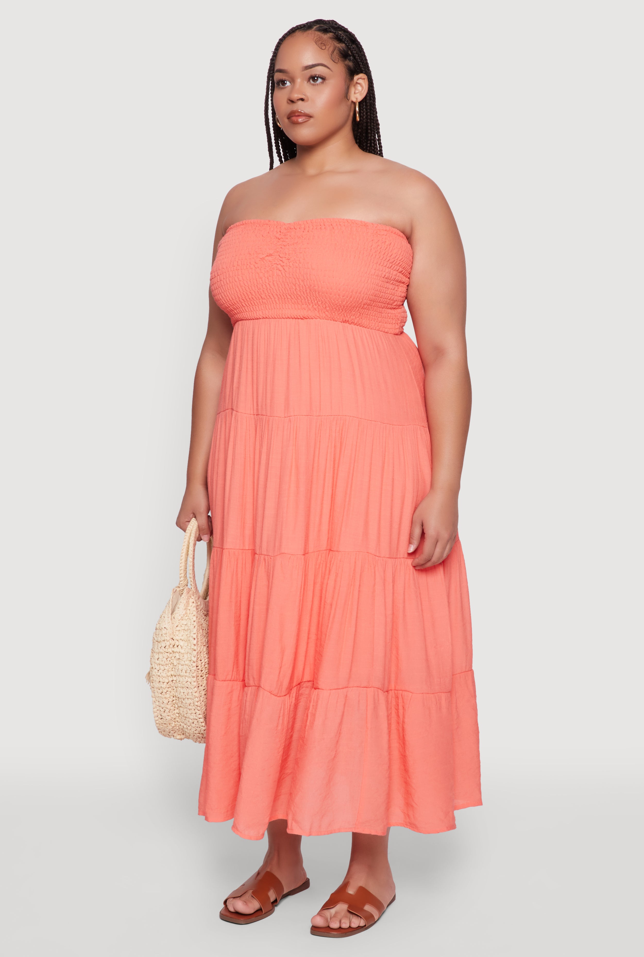 Womens Plus Size Elegant Strapless Tiered Sundress, Orange, Size 2X