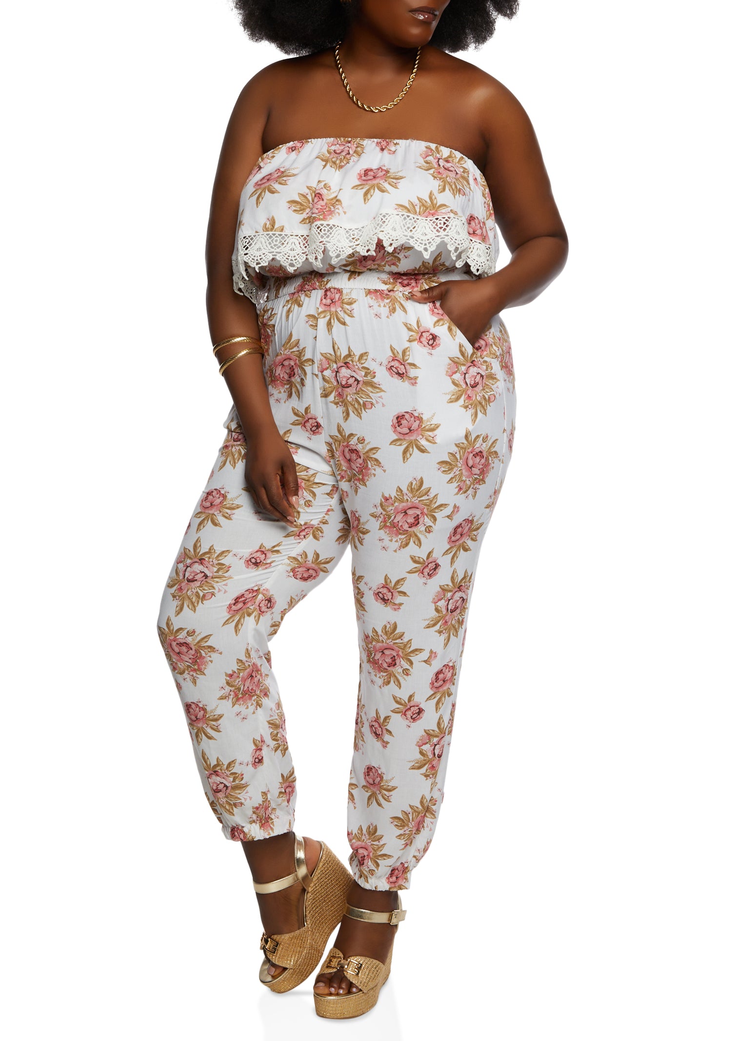 Womens Plus Size Floral Print Crochet Detail Strapless Jumpsuit, Multi, Size 3X