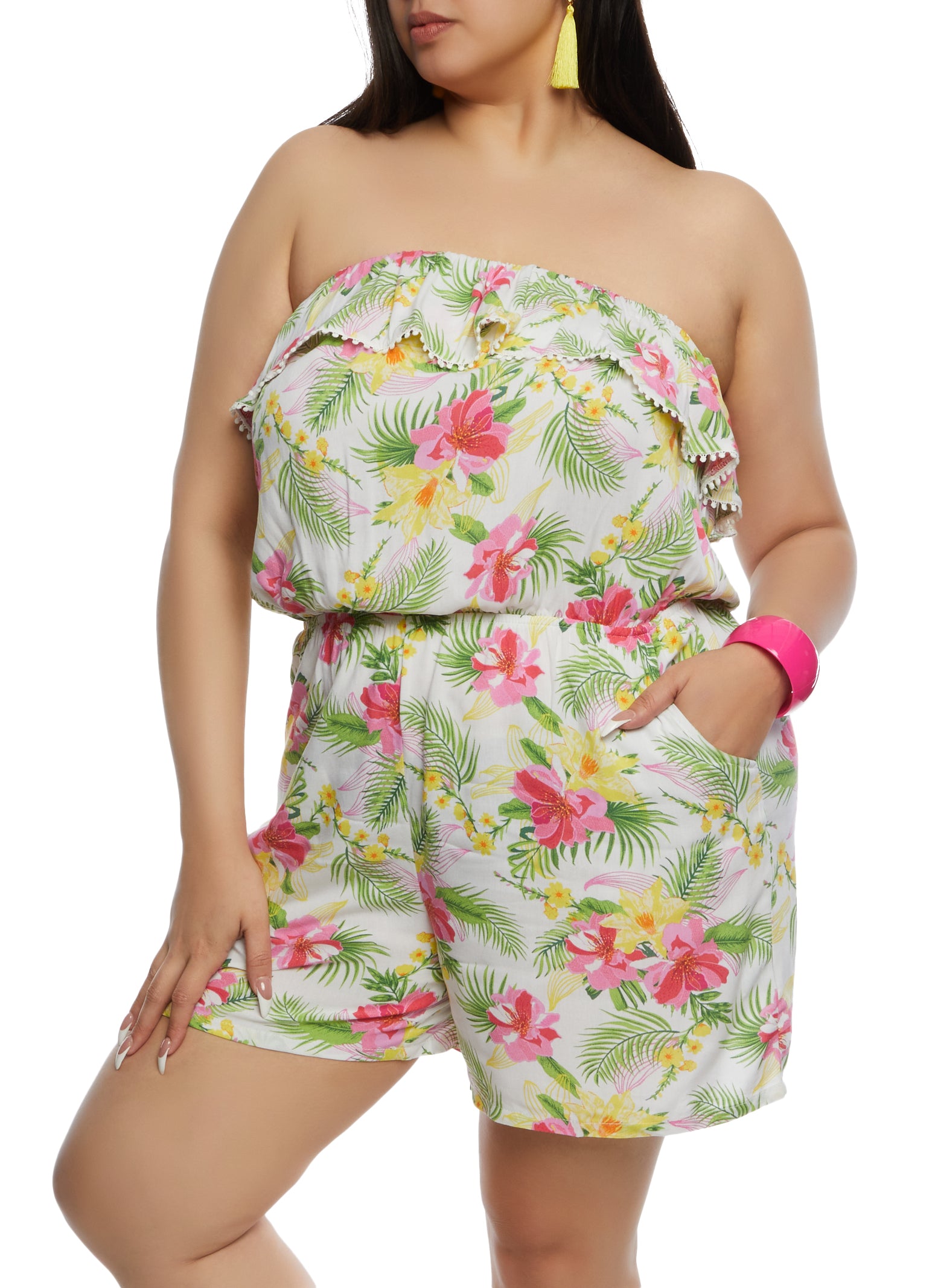 Womens Plus Size Floral Print Pocket Strapless Romper, Multi, Size 3X