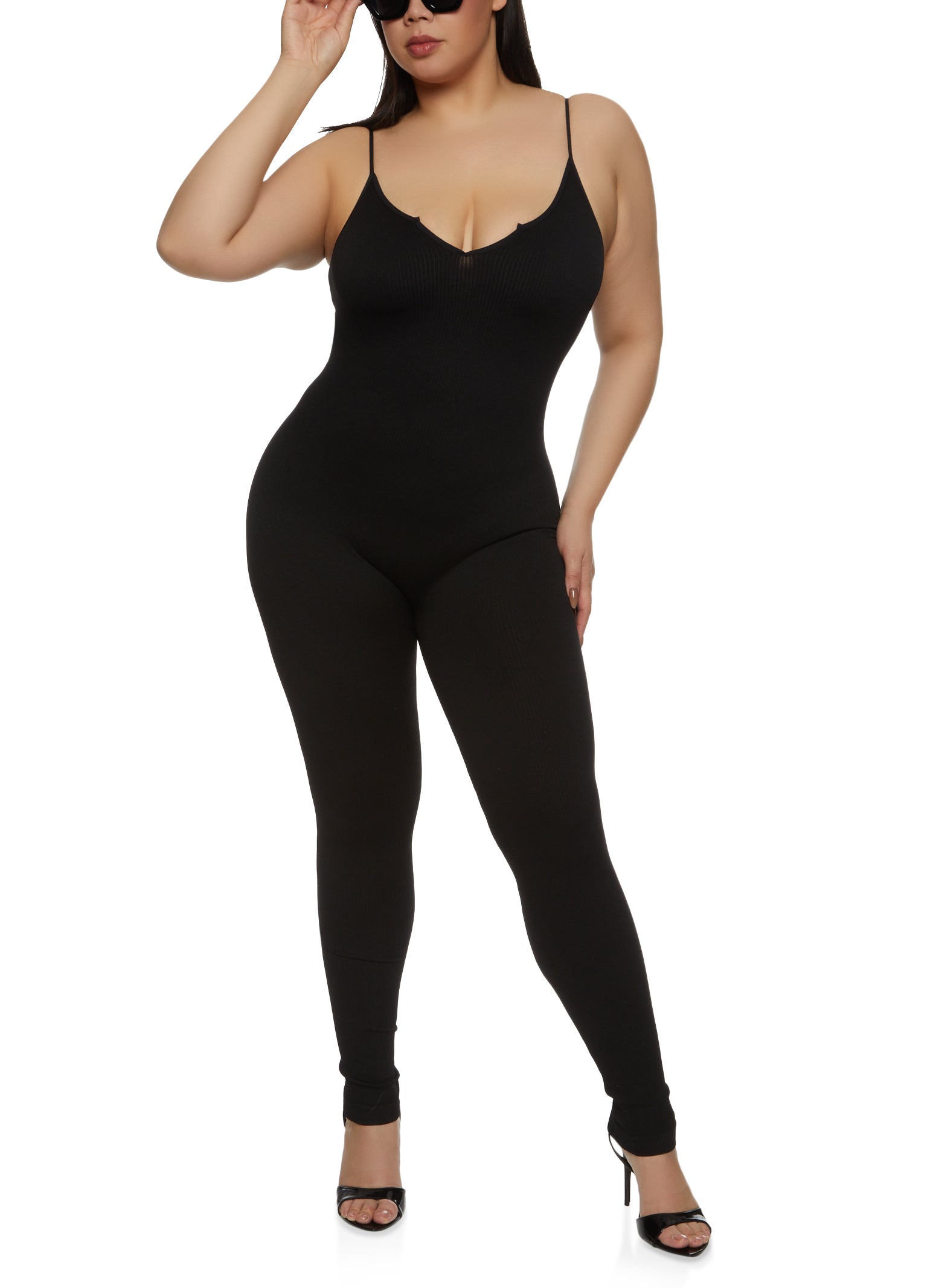 Womens Plus Size Seamless Notch Neck Cami Catsuit, Black, Size 1X-2X