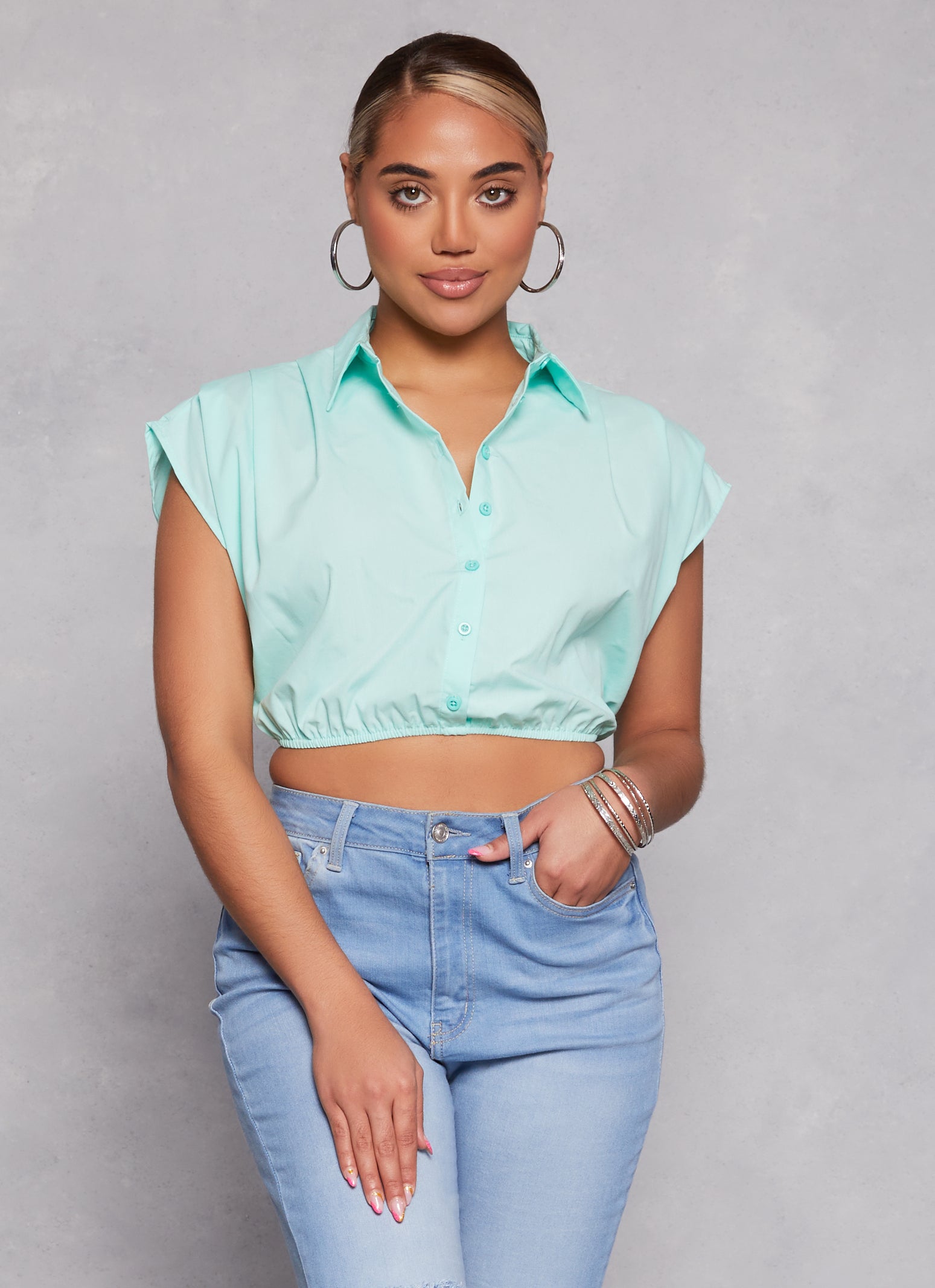 Womens Poplin Cap Sleeve Cropped Shirt, M