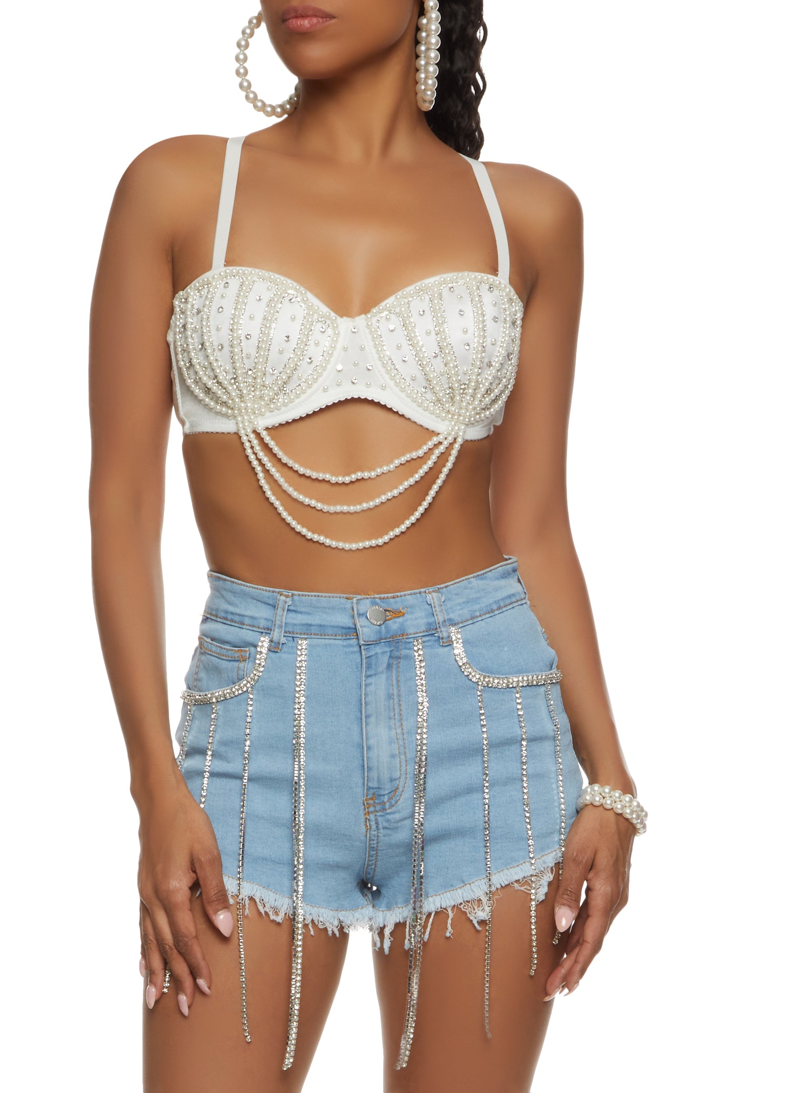 Womens Rhinestone Faux Pearl Convertible Bustier Top, White, Size S