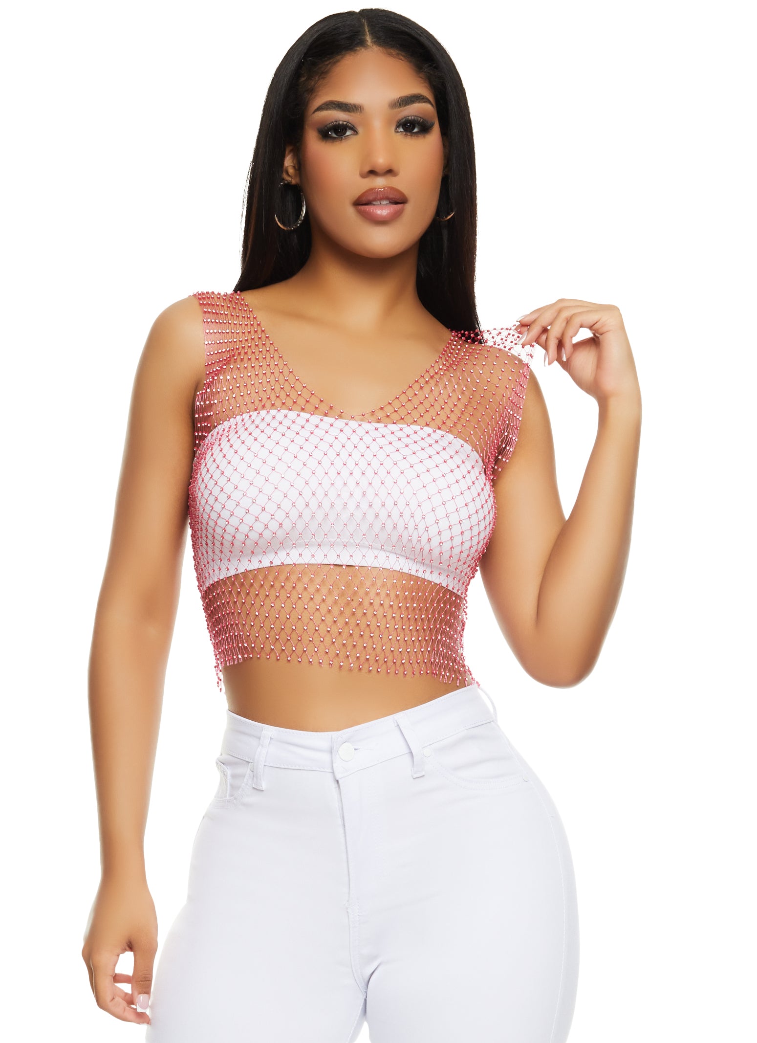 Womens Rhinestone Fishnet Cropped Tank Top,