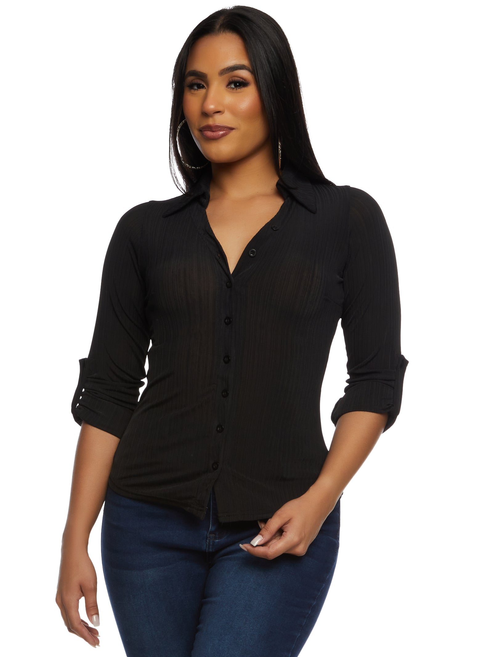 Womens Ribbed Knit Button Front Shirt, L