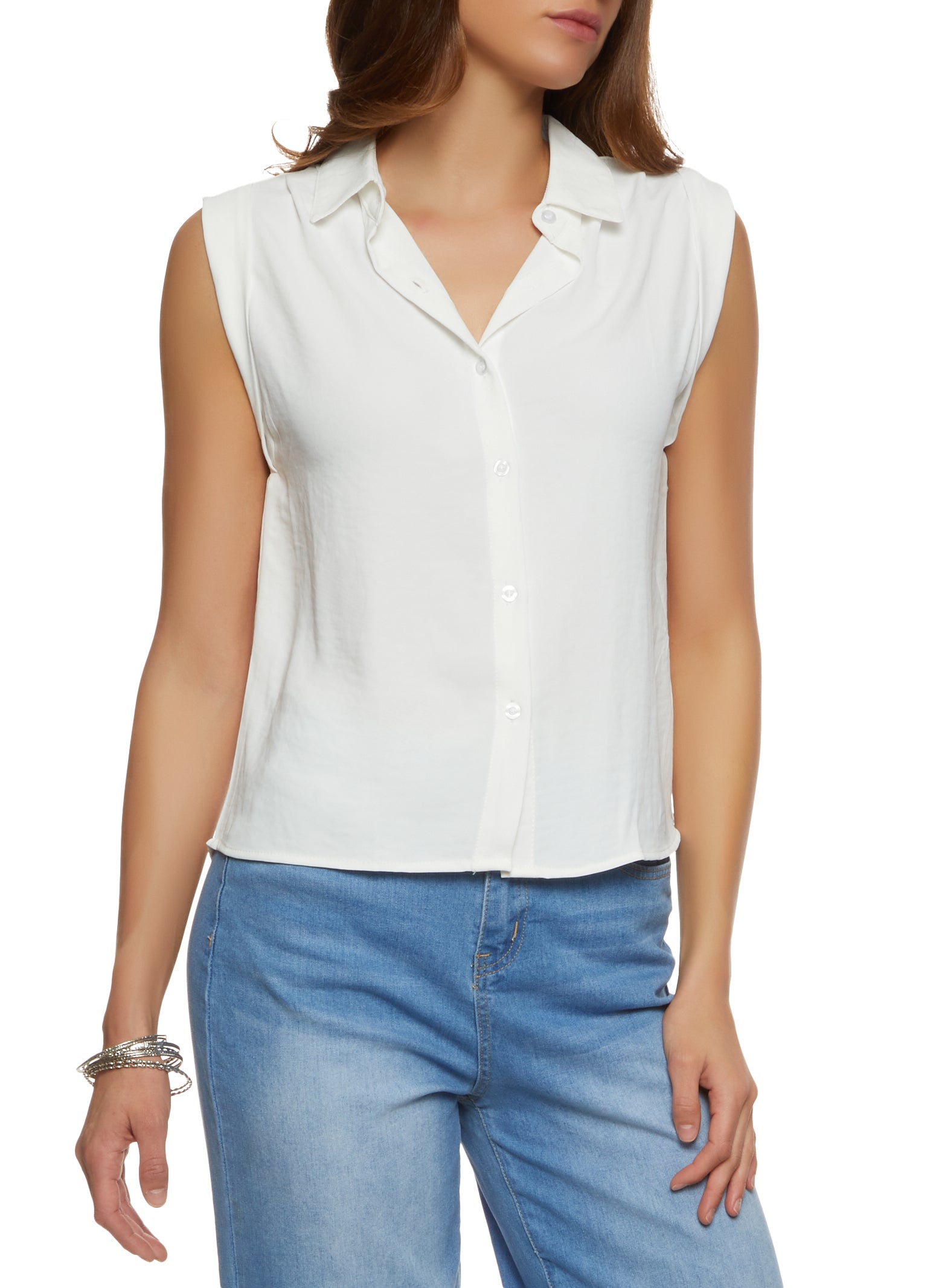 Womens Crepe Knit Sleeveless Shirt, White, Size S