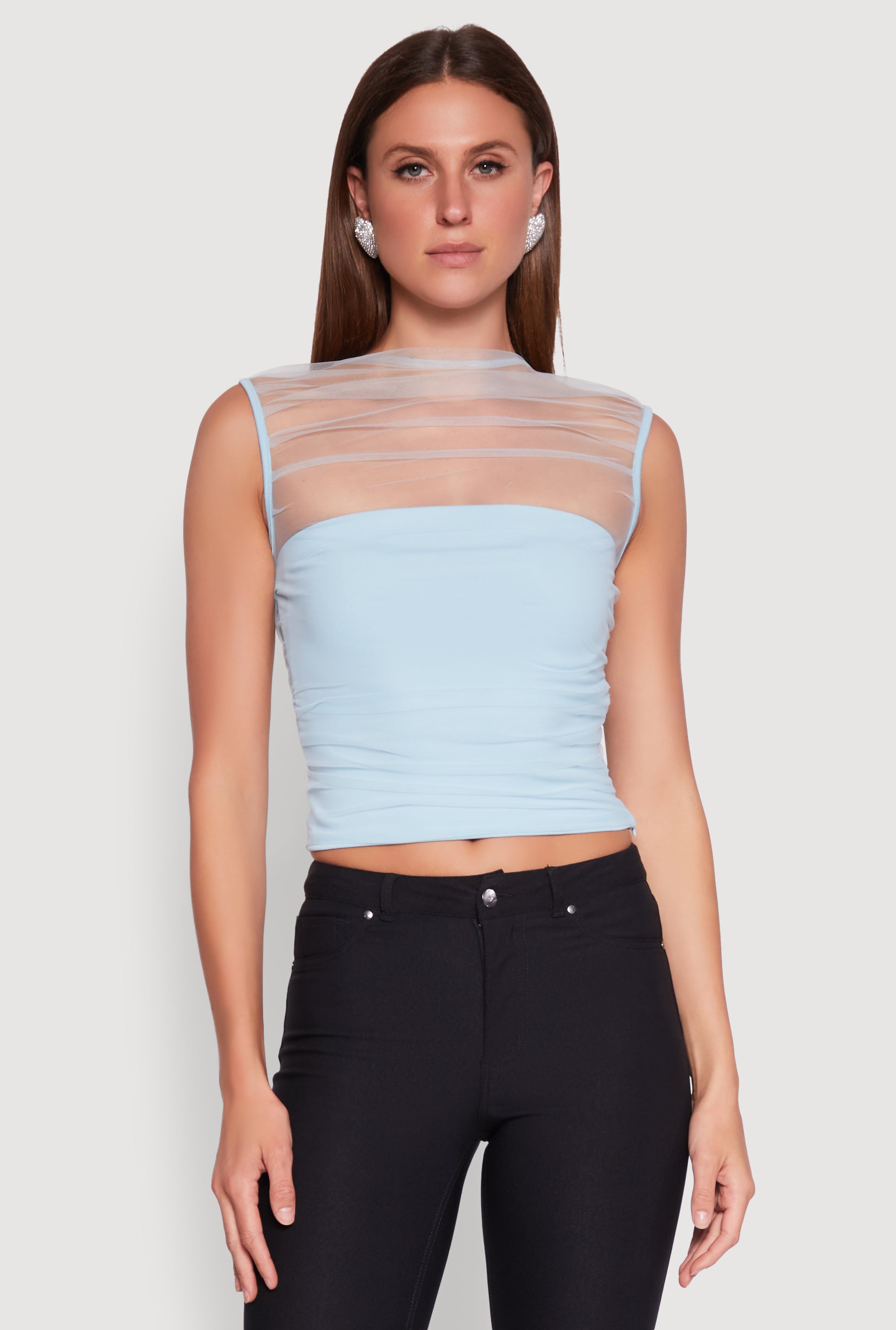 Womens High Neck Mesh Crop Top,