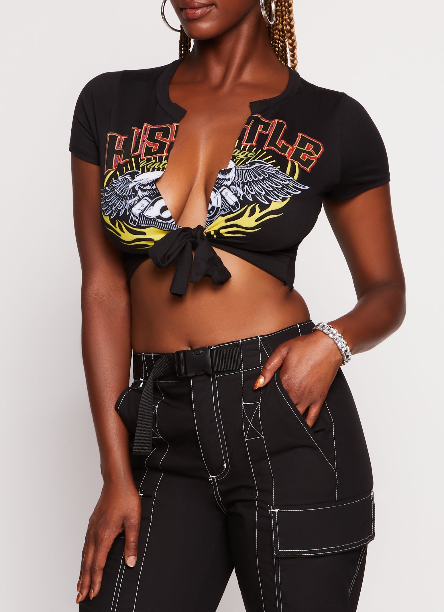 Womens Hustle Graphic Tie Front Crop Top, XL