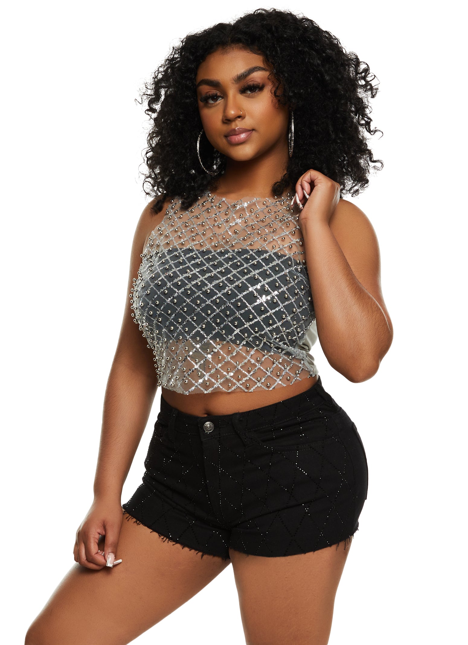 Womens Beaded Mesh Tank Top, Grey, Size S