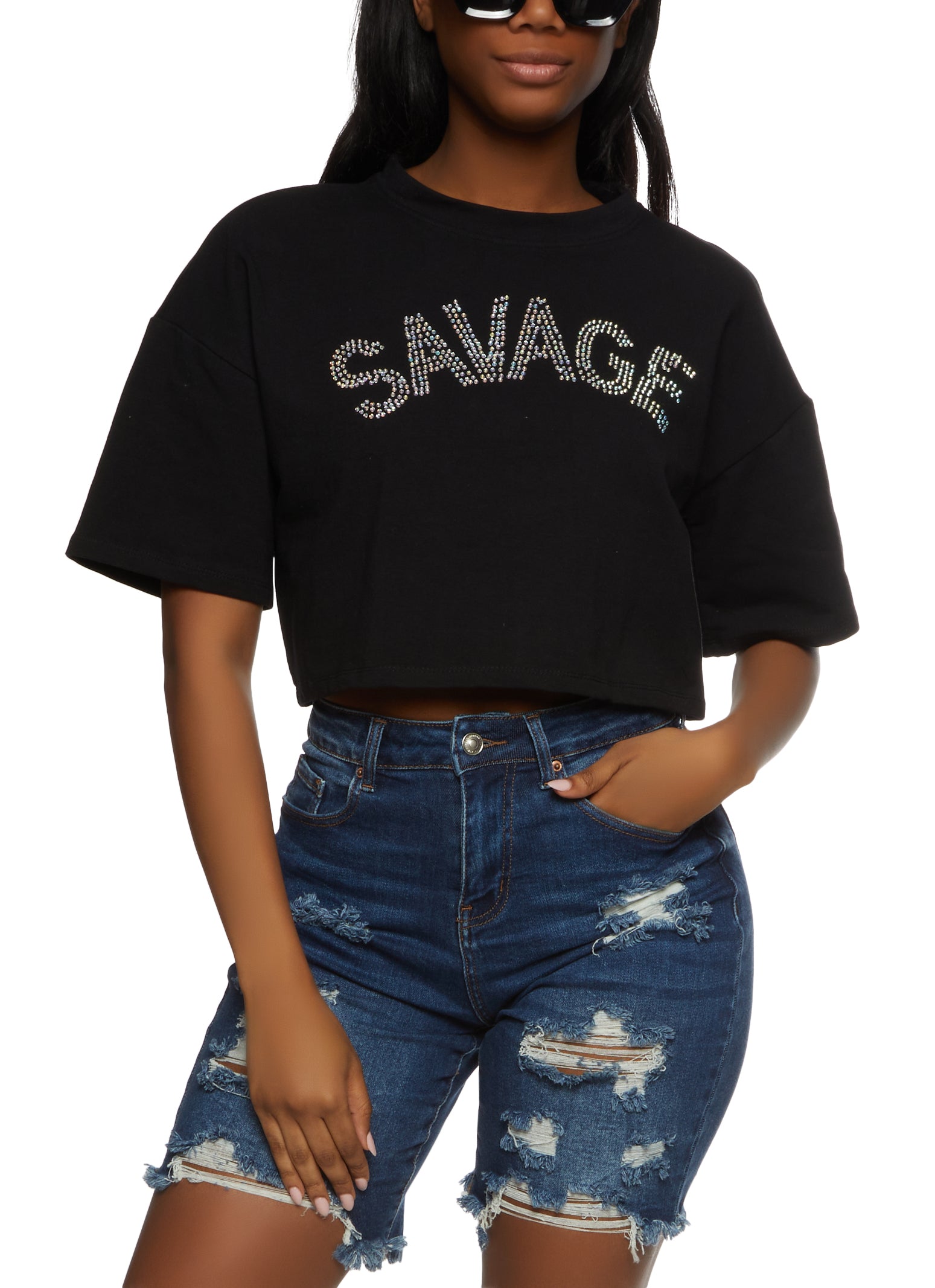 Womens Savage Rhinestone Graphic Drop Shoulder Crop Top, Black, Size S