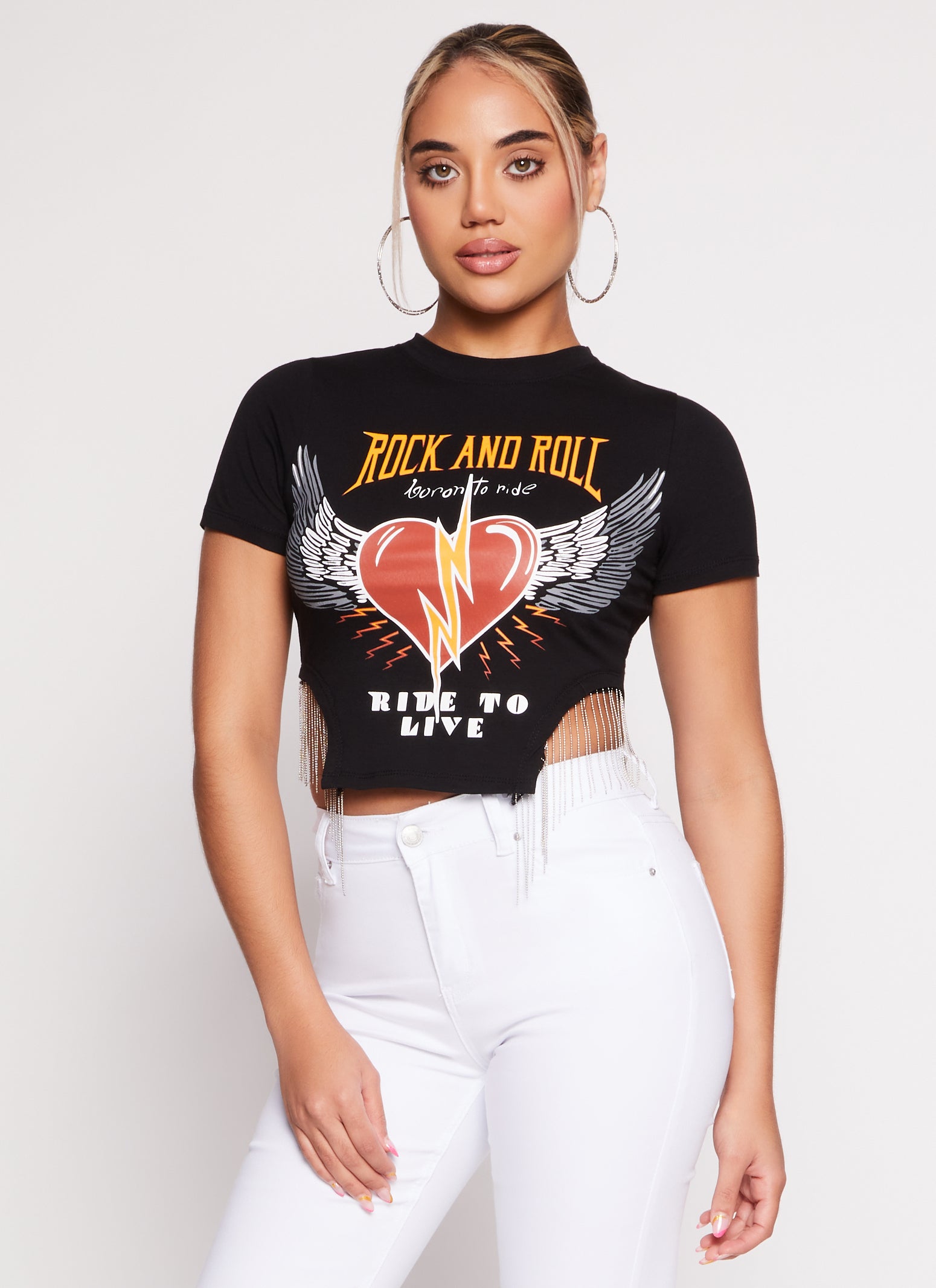 Womens Rock and Roll Fringe Hem Graphic Tee,