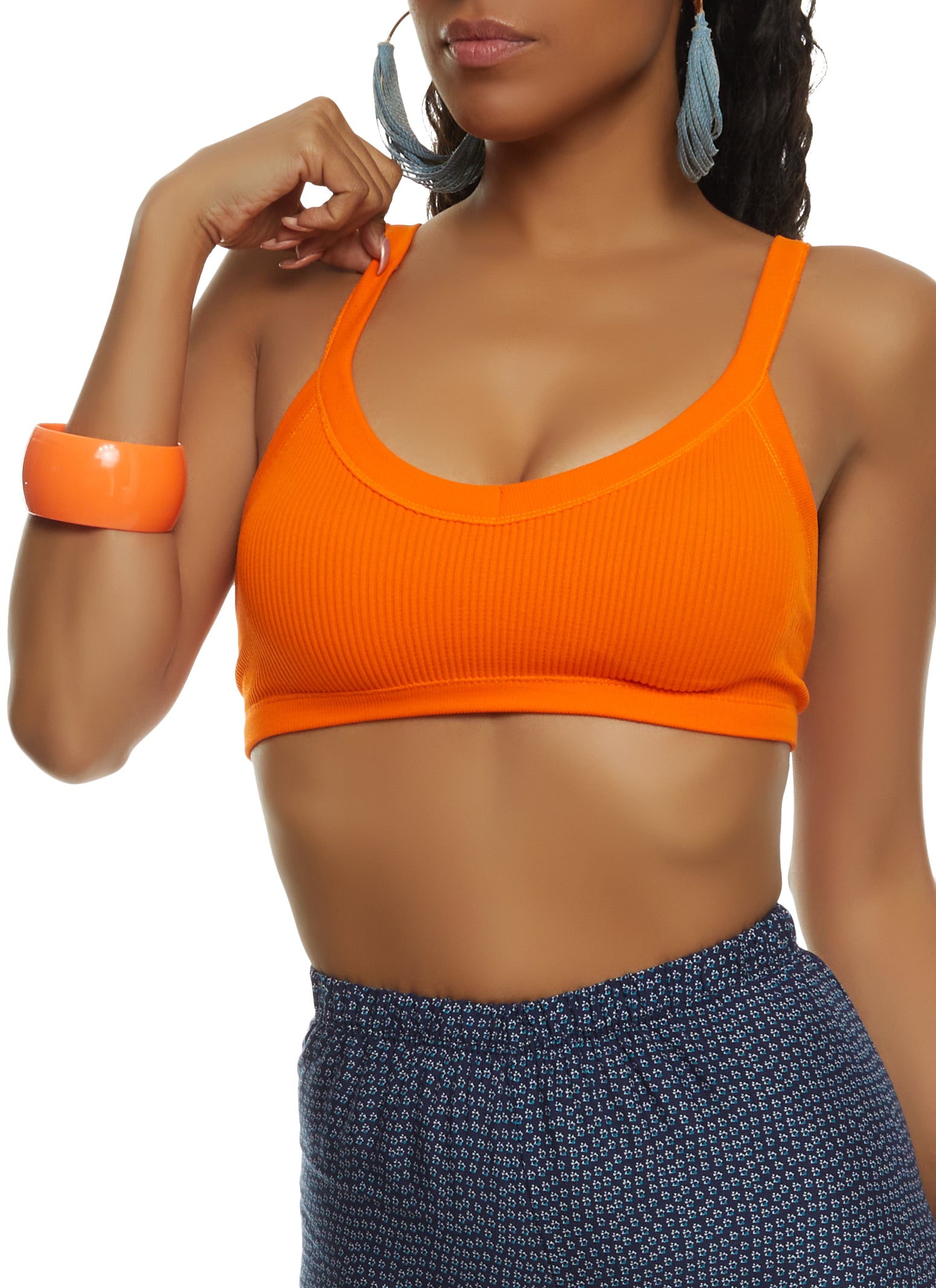 Womens Rib Knit Low Back Seamless Bralette, Orange, Size L-XL