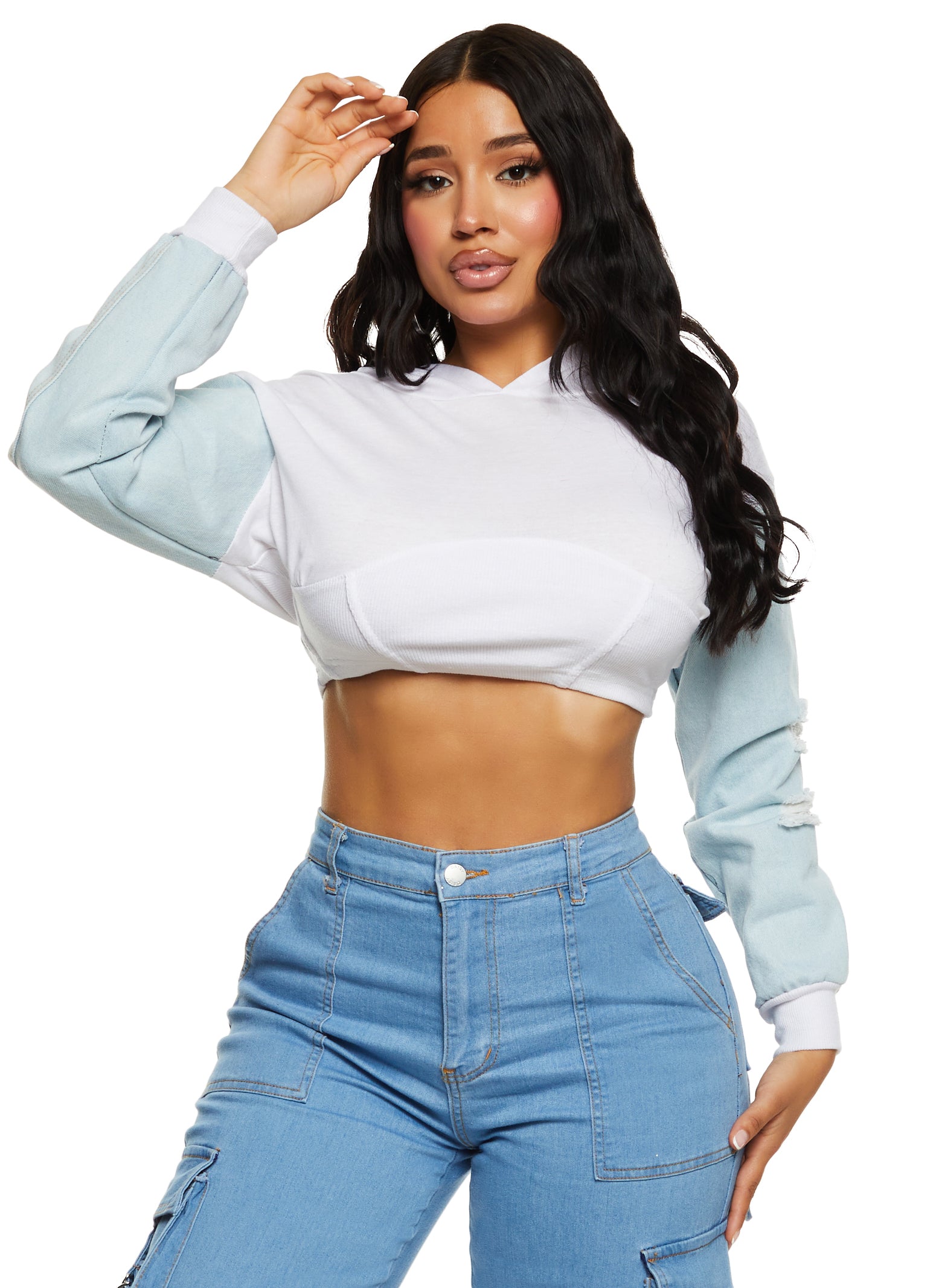 Womens Denim Sleeve Cropped Hoodie, White, Size L