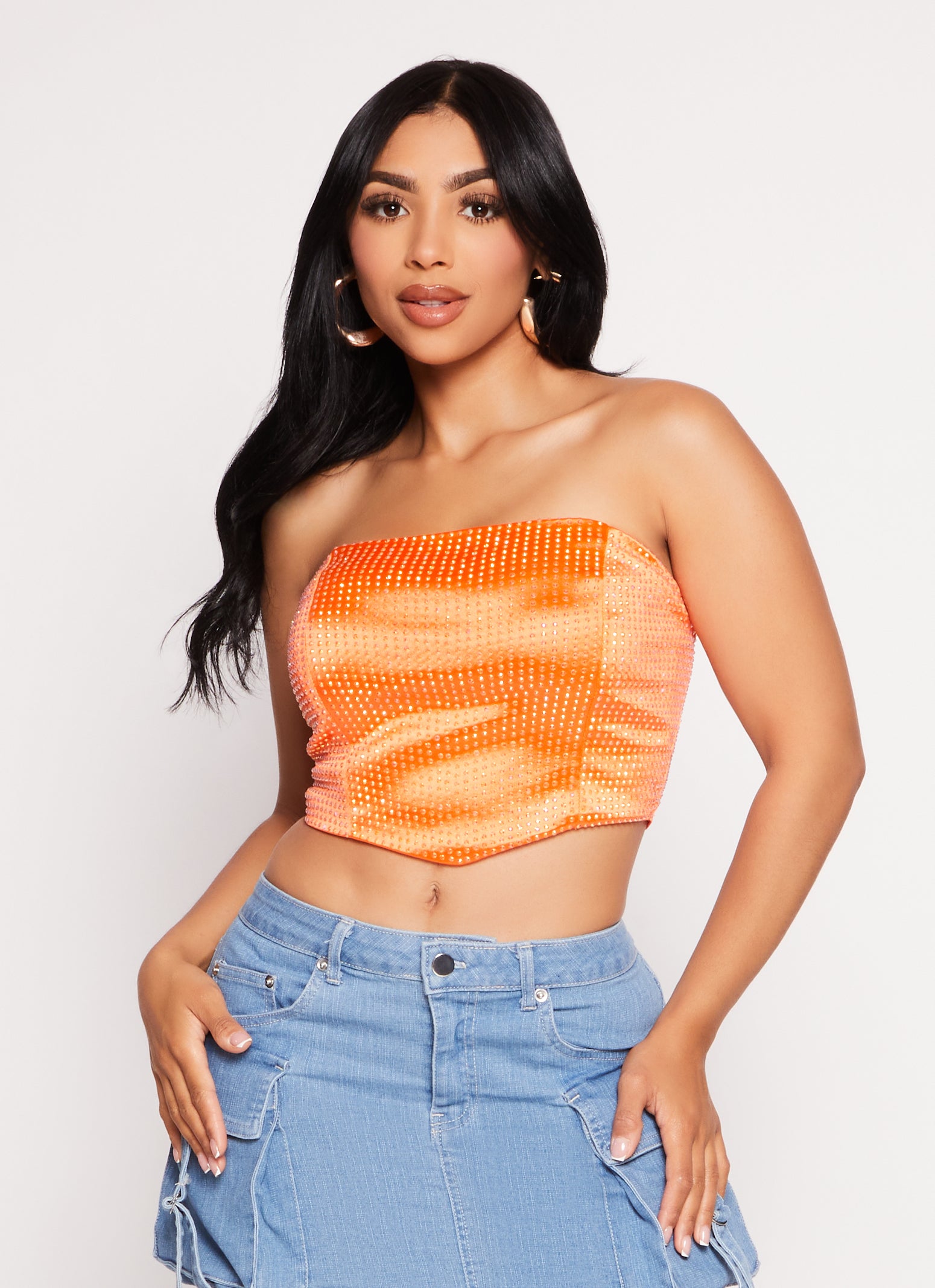 Womens Rhinestone Studded Cropped Corset Top, Orange, Size L