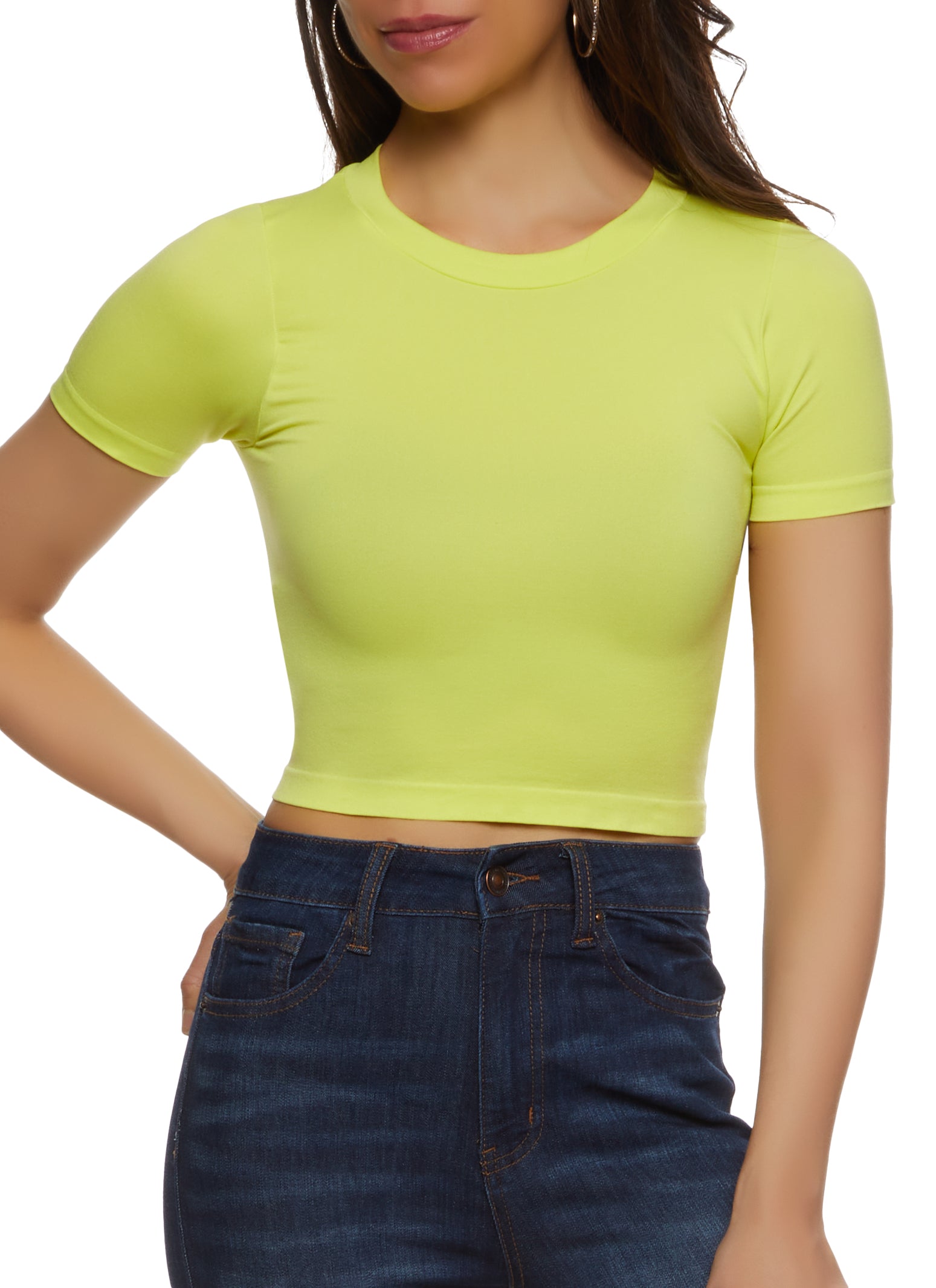 Womens Seamless Crew Neck Cropped T Shirt, Green, Size S-M