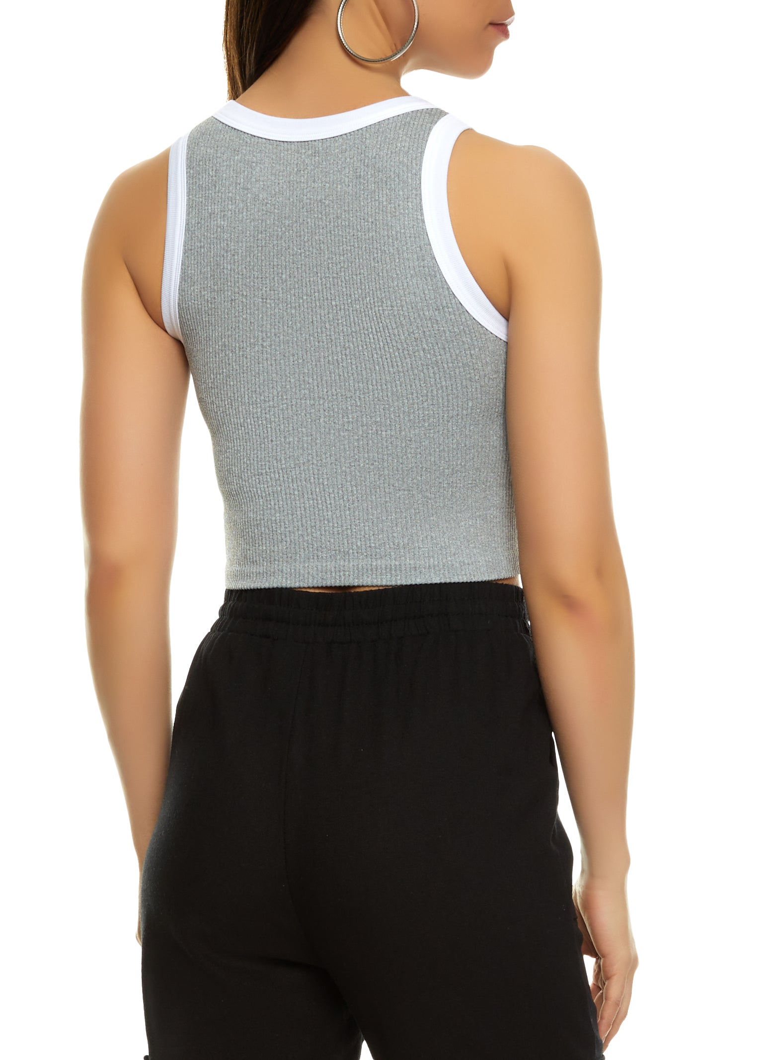 Womens Ringer Cropped Tank Top, Grey, Size M